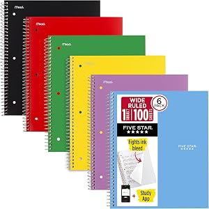 Five Star Spiral Notebooks + Study App, 6 Pack, 1 Subject, Wide Ruled Paper, Fights Ink Bleed, Water Resistant Cover, 8-1/2" x 10", 100 Sheets, Black, Red, Yellow, Purple, Green, Blue (38042)