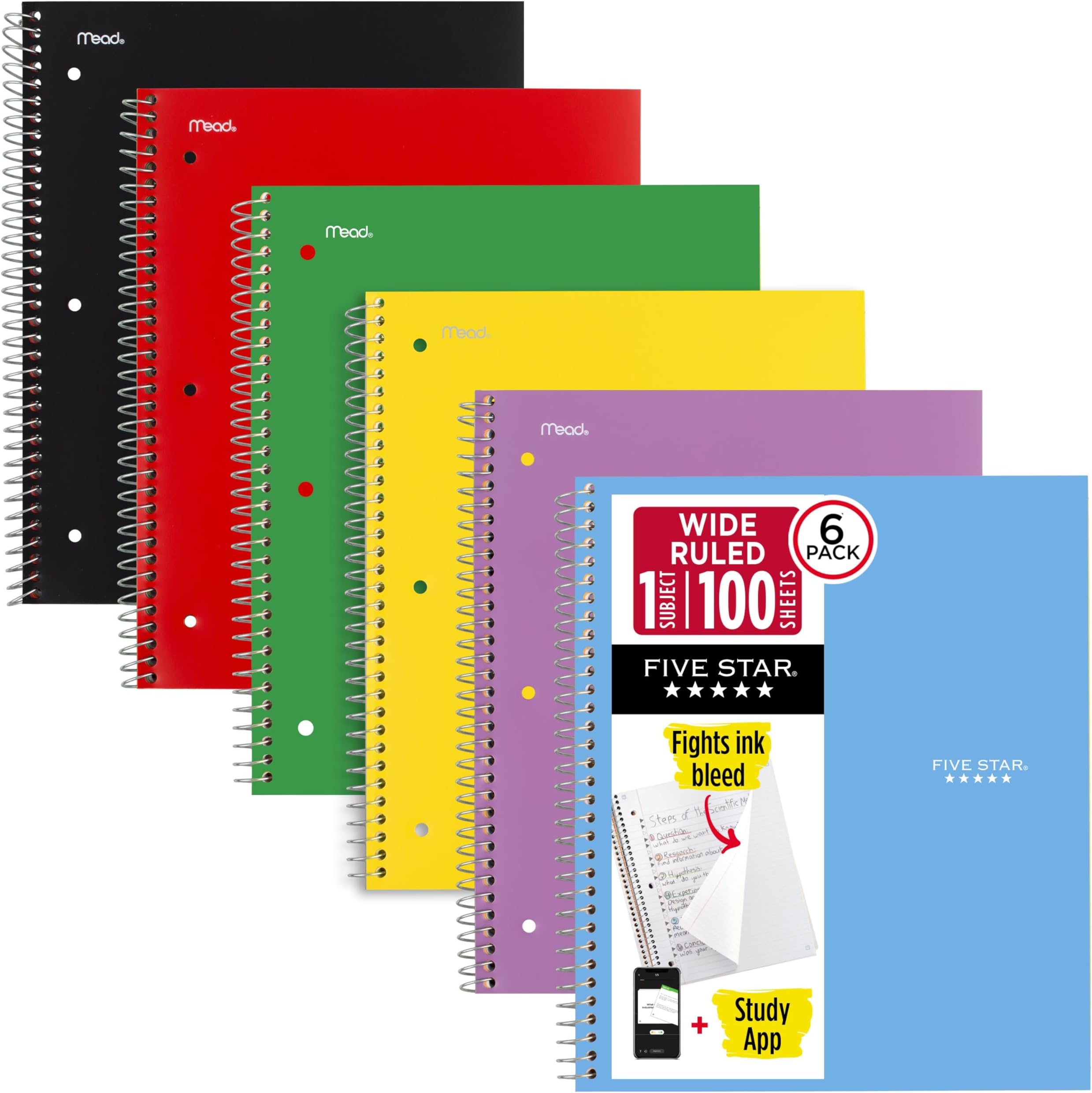 Five Star Spiral Notebook + Study App, 6 Pack, 1 Subject, Wide Ruled Paper, 8" x 10-1/2", 100 Sheets, Fights Ink Bleed, Water Resistant Cover, Assorted Colors (38042)