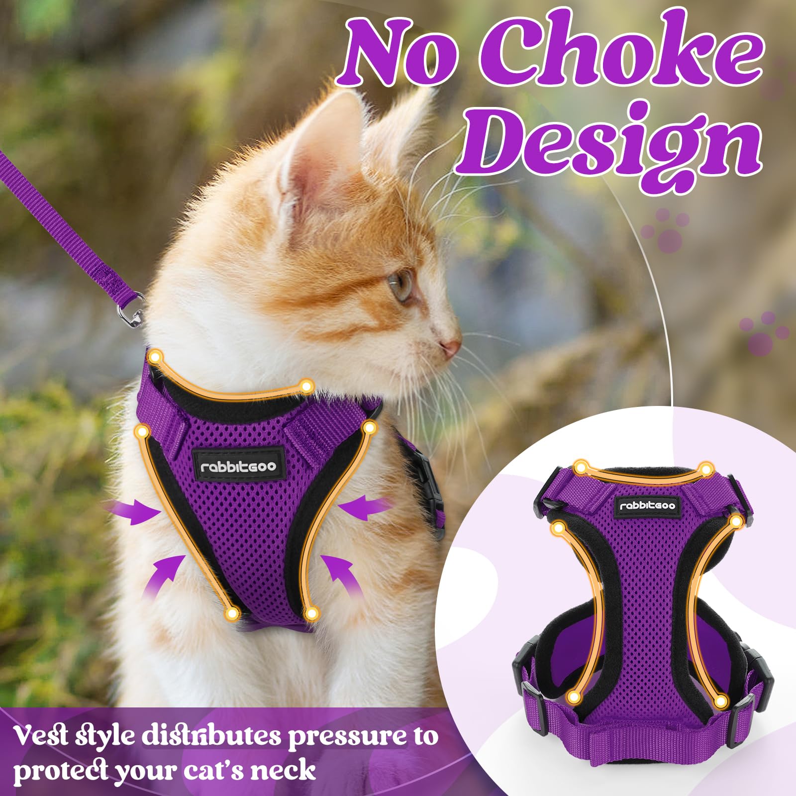 rabbitgoo Pettorina Gatto Antifuga con Guinzaglio, Guinzaglio per Gatti Regolabile, Pettorina Cane Taglia Piccola Riflettente, Imbracatura Gatto Adulto in Maglia Traspirante per Camminare, Viola, XXS
