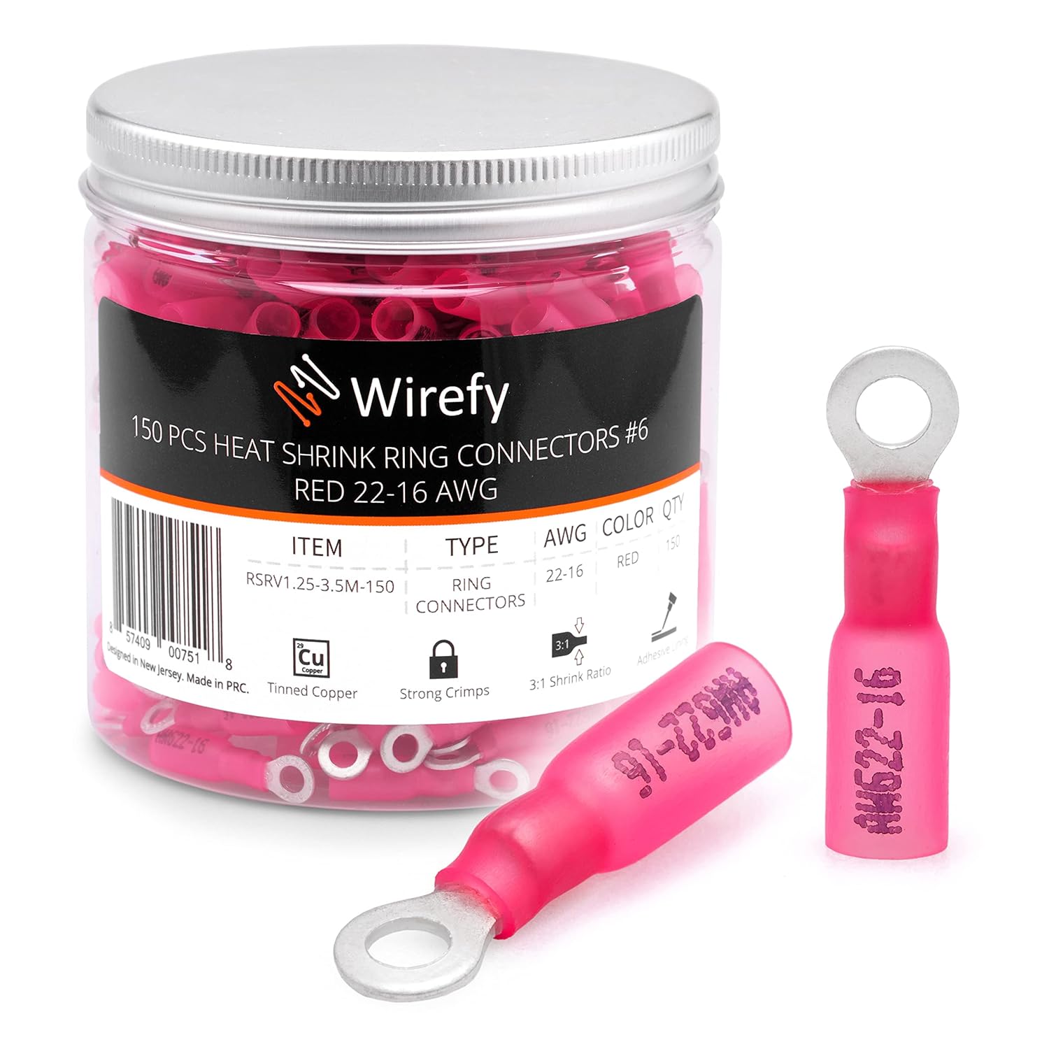 Wirefy 150 PCS Heat Shrink Ring Terminals #6 - a Resistant Ring Connectors - Eyelet Wire Connectors - Red 22-16 AWG