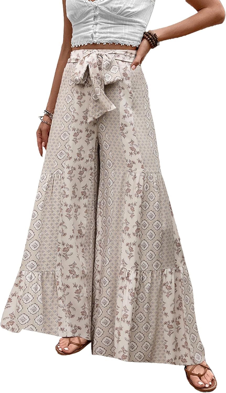 Women Casual High Waist Wide Leg Pants Boho Vacation Printed Loose Flowy Trousers with Pocket