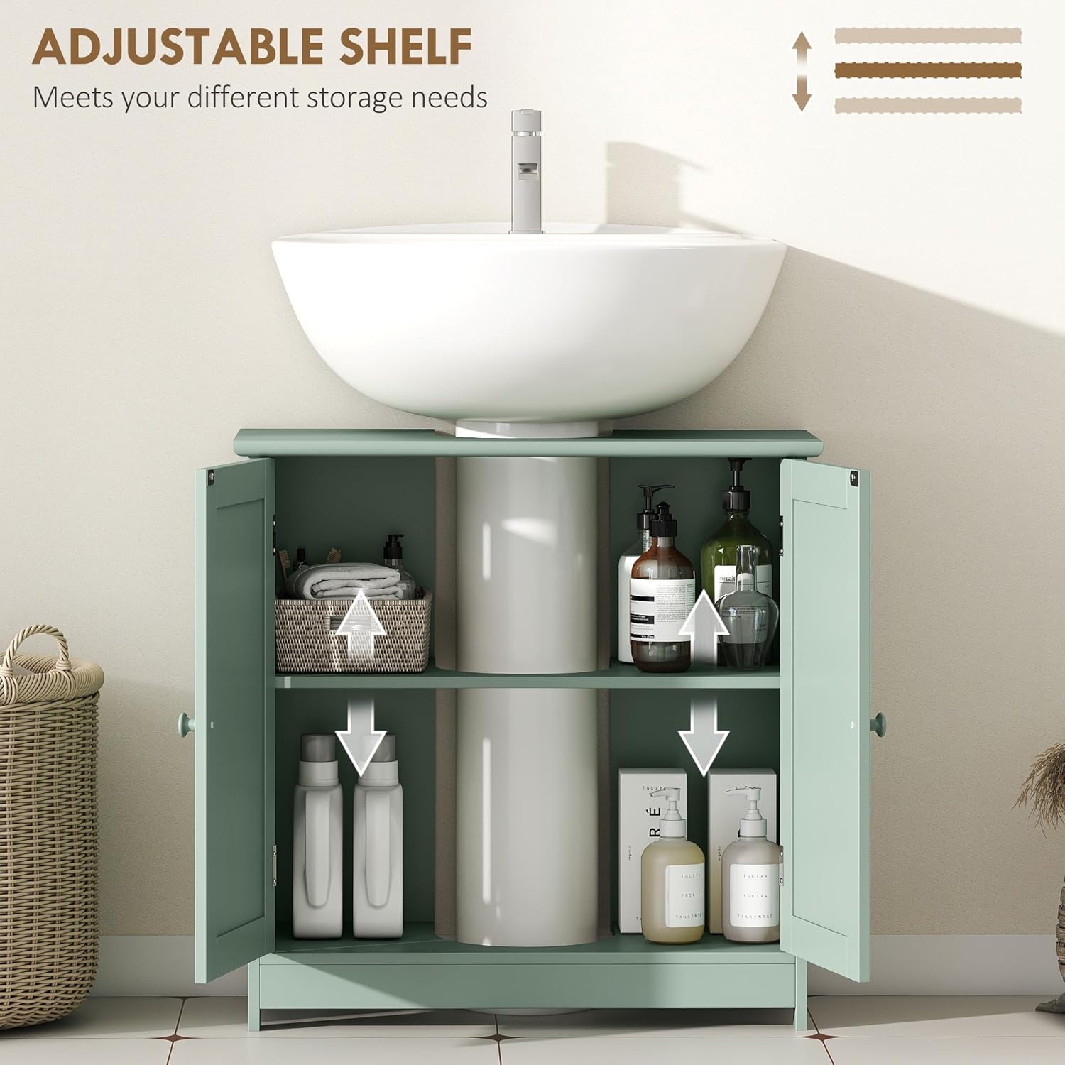 HOMCOM Under Sink Bathroom Cabinet, Pedestal Sink Storage Cabinet with 2 Doors, Shelf and U-Shape, Dark Green
