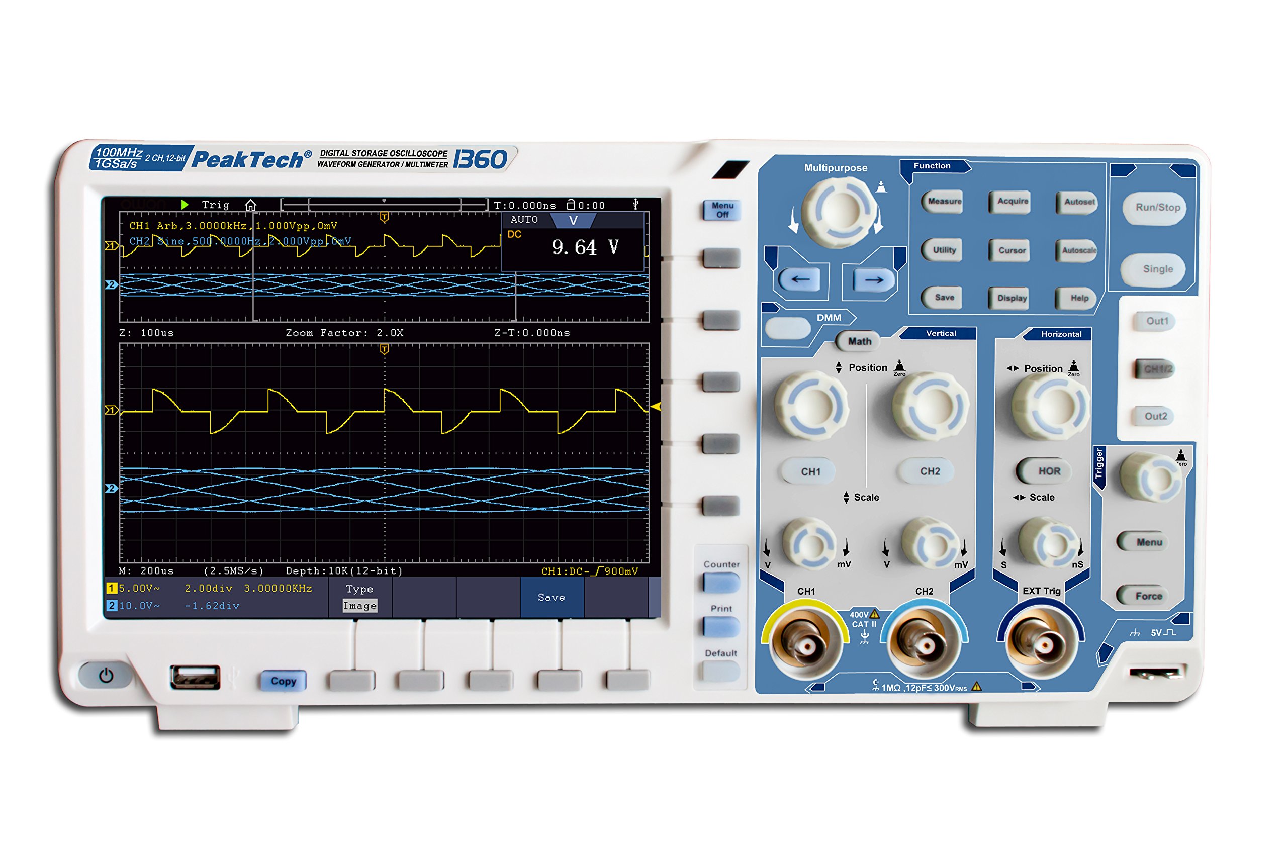 PeakTech P 1360 100 MHz 2 Kanal 12 Bit Touchscreen Digital Speicher Oszilloskop 1 GS/S mit WLAN/WiFi, USB, Lan, VGA, PC Software, Multimeter, 25 MHz Generator und Frequenzzähler, Akku Opt., 1 Stück