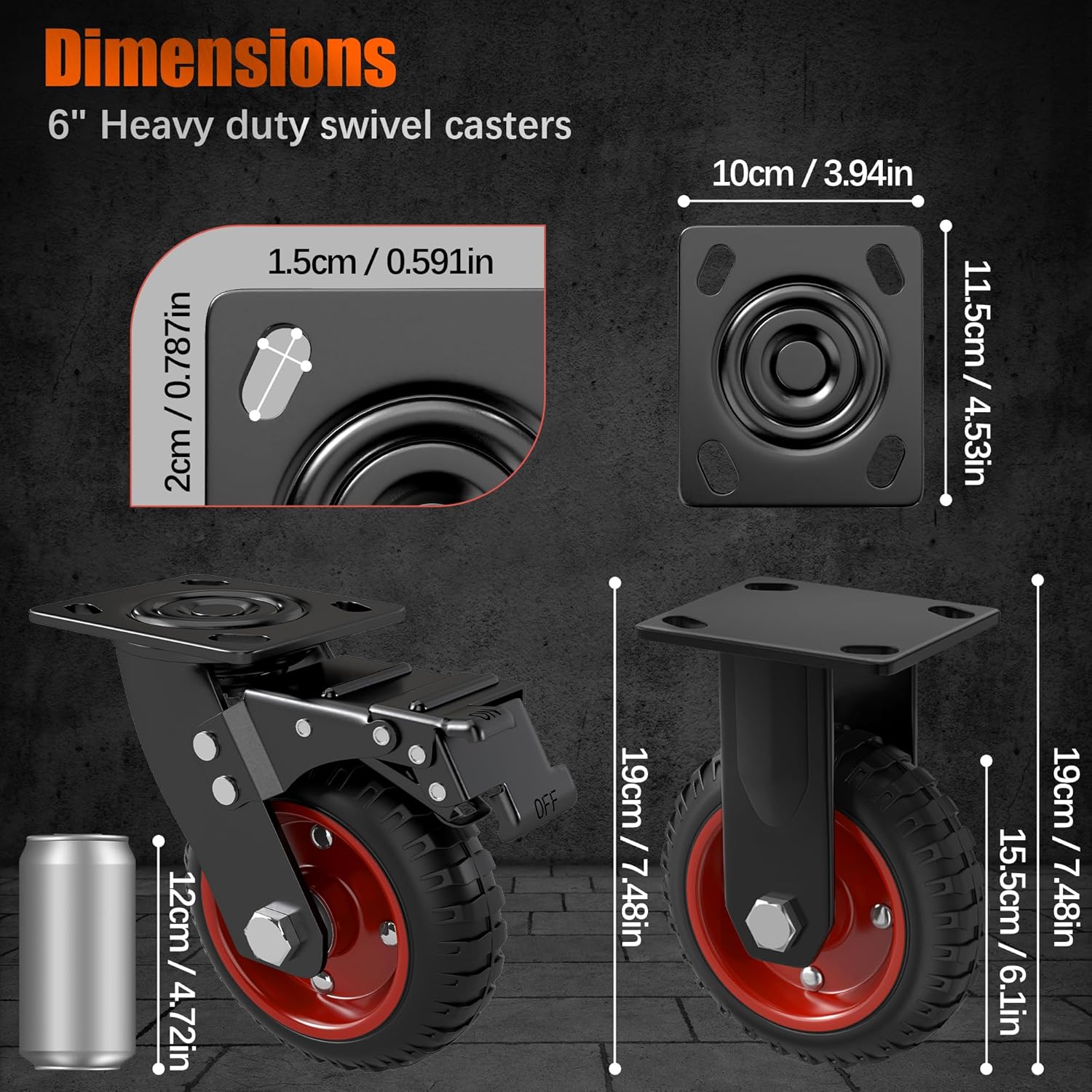 6” Heavy Duty Casters Set of 4(2 Swivel & 2 Fixed), Industrial Swivel Castor Wheels with Brake, Rubber Wheel Plate Casters for Workbench, Dolly, Cart, Trolley, Wagon