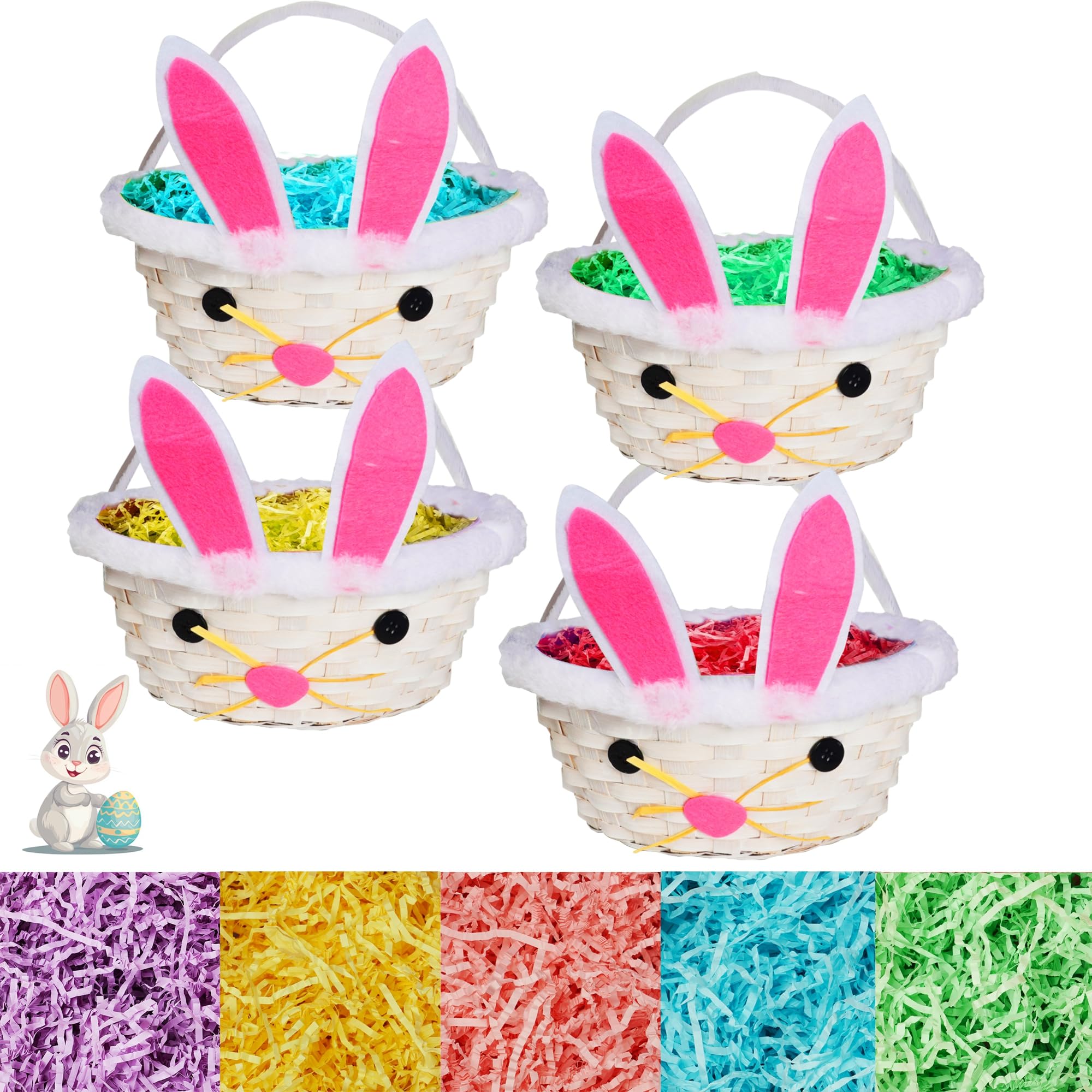 Uptotop 4 Pcs Easter Bunny Woven Basket with 5 Colors Easter Grass Raffia Paper Filler, 8.3 x 8 inch Easter Woven Goodie Basket Cute Rabbit Picnic Hamper for Egg Hunt Party Gifts