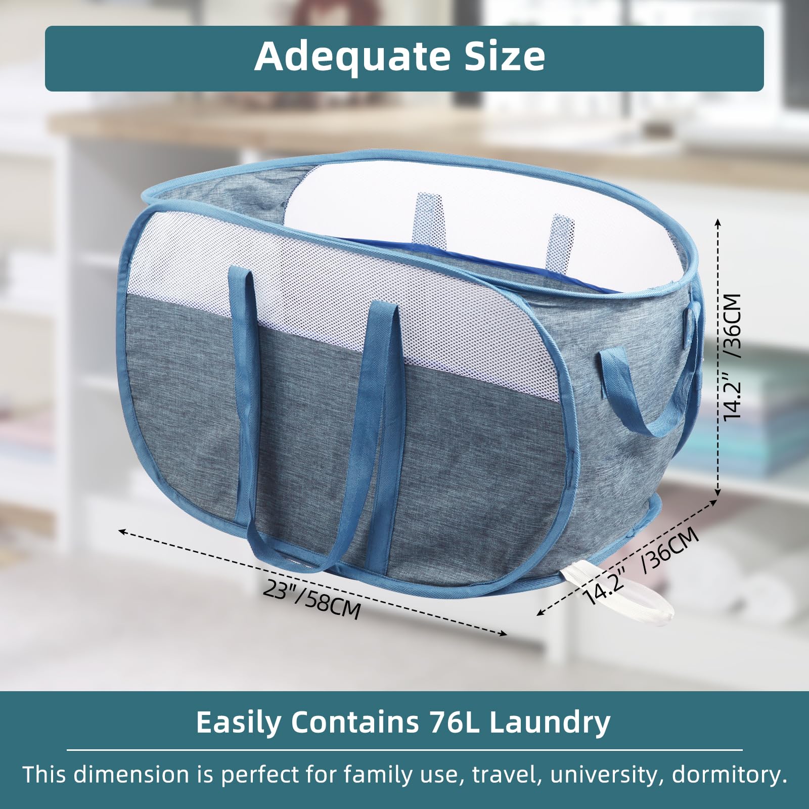 2 cesti portabiancheria pieghevoli, resistenti agli strappi, con doppi manici, resistenti, pieghevoli, facili da trasportare, per casa, lavanderia, camera da letto, dormitorio, viaggi, blu