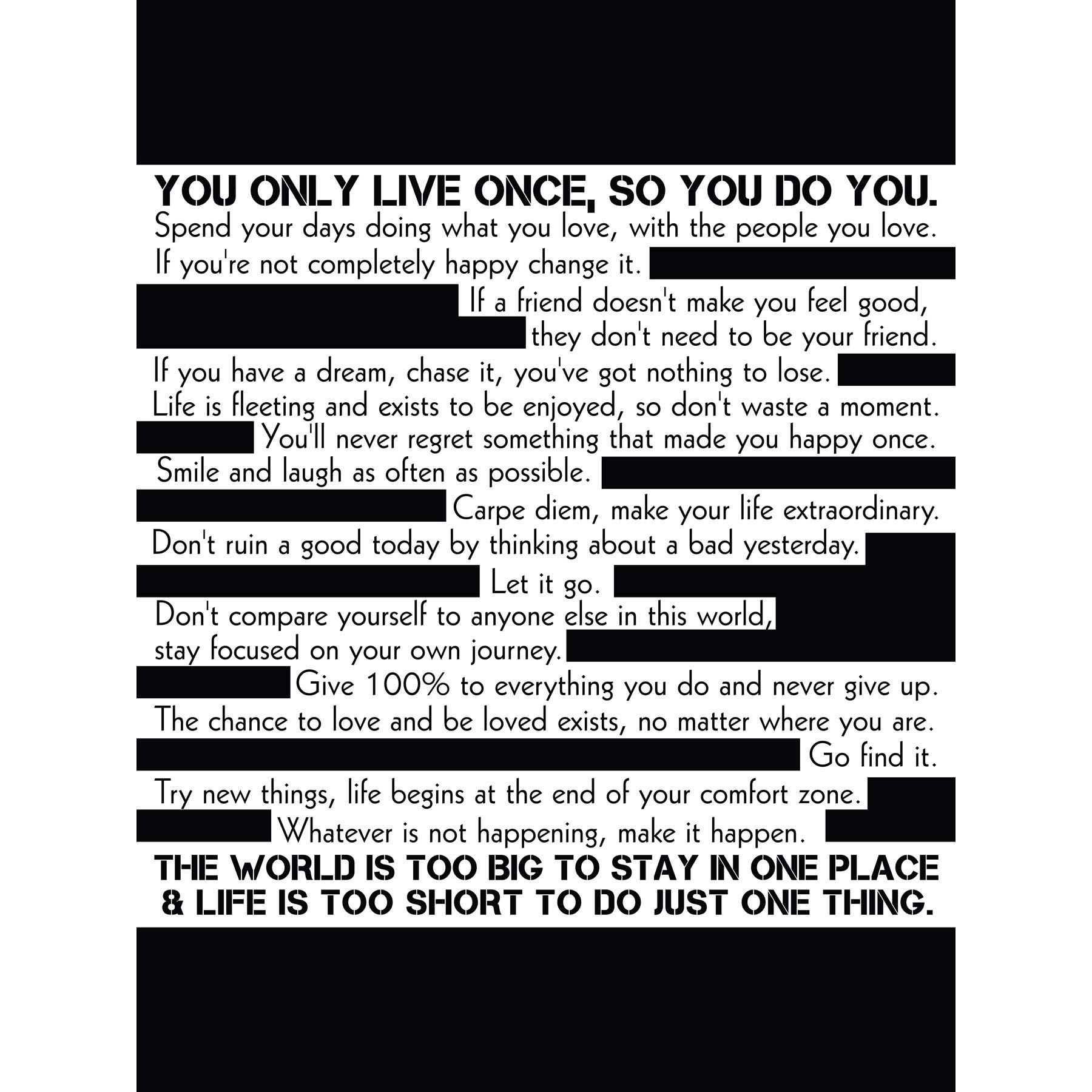 Motivierender Manifesto Advice Typografie, groß, Schwarz / Weiß