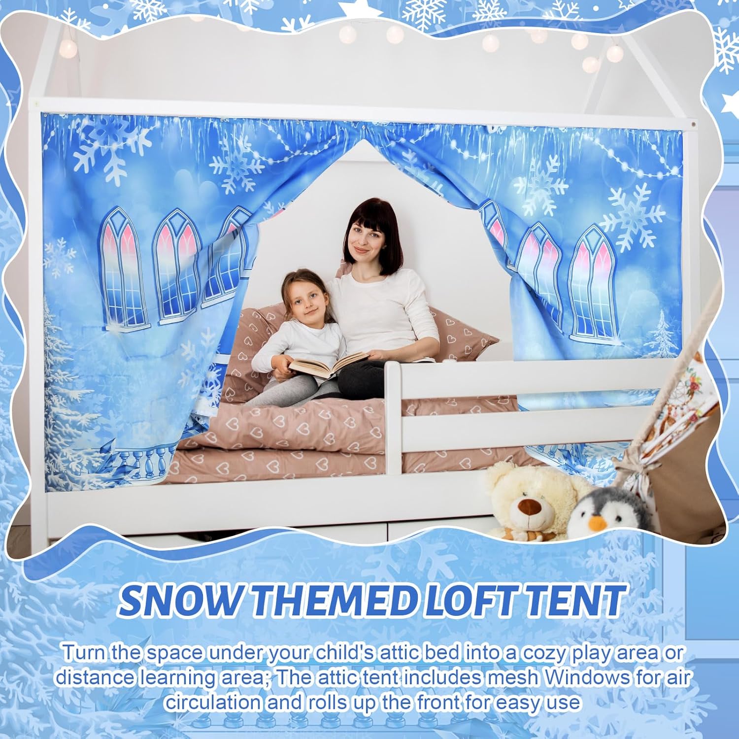 Hahafelt Loft Bed Tent Curtain Set for Low Twin,Bunk Bed Curtains Princess Play Tent Winter Party Decoration for Indoor & Outdoor Play