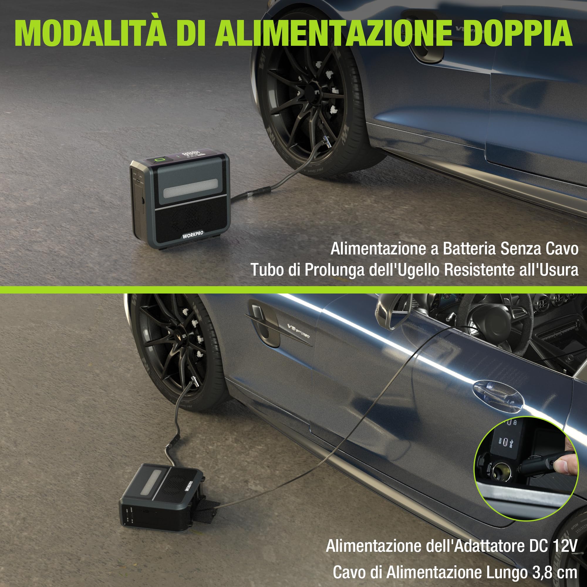 WORKPRO Compressore Aria Portatile 3-in-1 | con LED, Powerbank