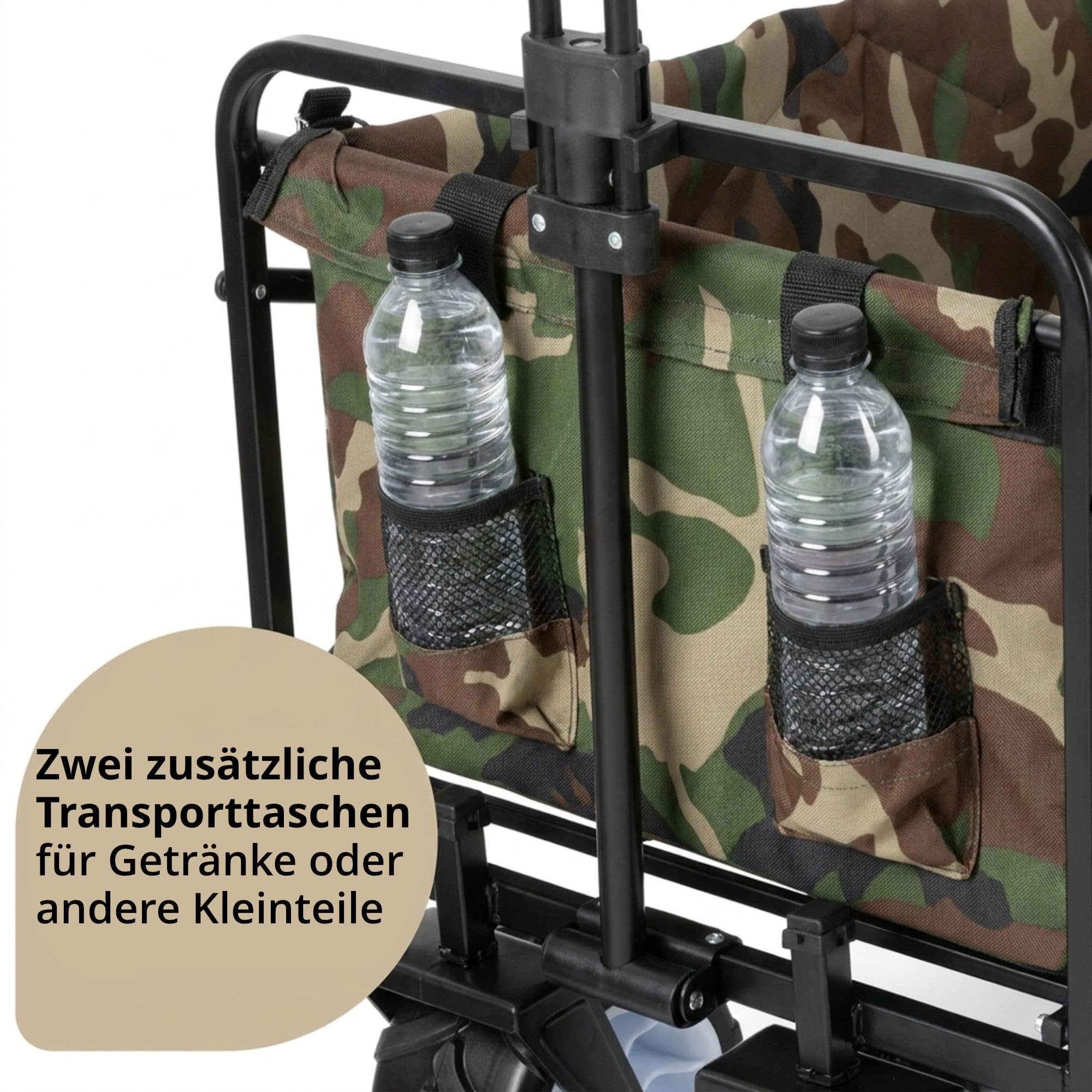 Stagecaptain BW-907 CA Bollerwagen faltbar, Camouflage | 150 kg Traglast, breite freidrehende Reifen, 600D x 300D Polyester, faltbares Metallgestell, 2 Außentaschen