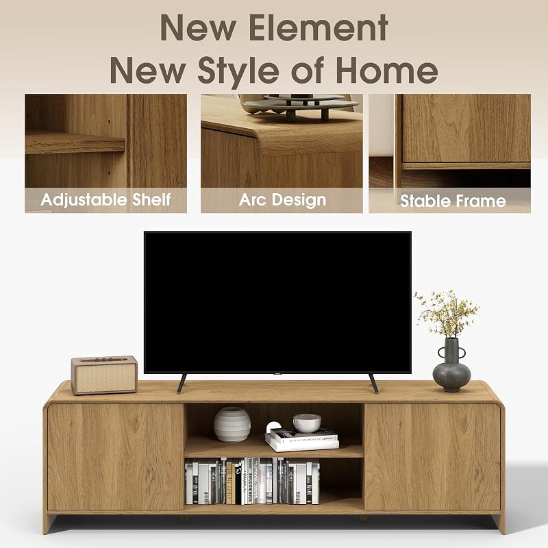 Bevfint Modern TV Stand for 80 Inch TVs, Entertainment Center for Living Room Sports & Movie Nights, Wood Media Console Cabinet with Storage & Arc Design for Bedroom - Natural Oak image 7