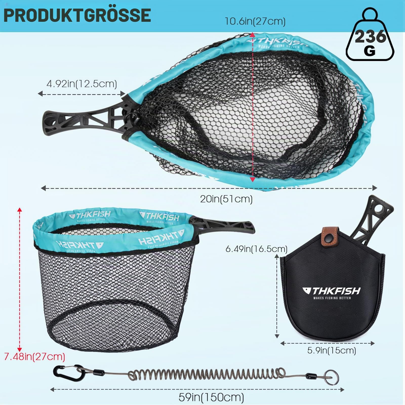 THKFISH Fly Fishing Landing Net, Foldable Landing Trout Net with ABS Handle,Rubber Coated Mesh Trout Net with Tackle Bag for Trout Bass Catch and Release, Portable Fly Fishing Gear,M/L