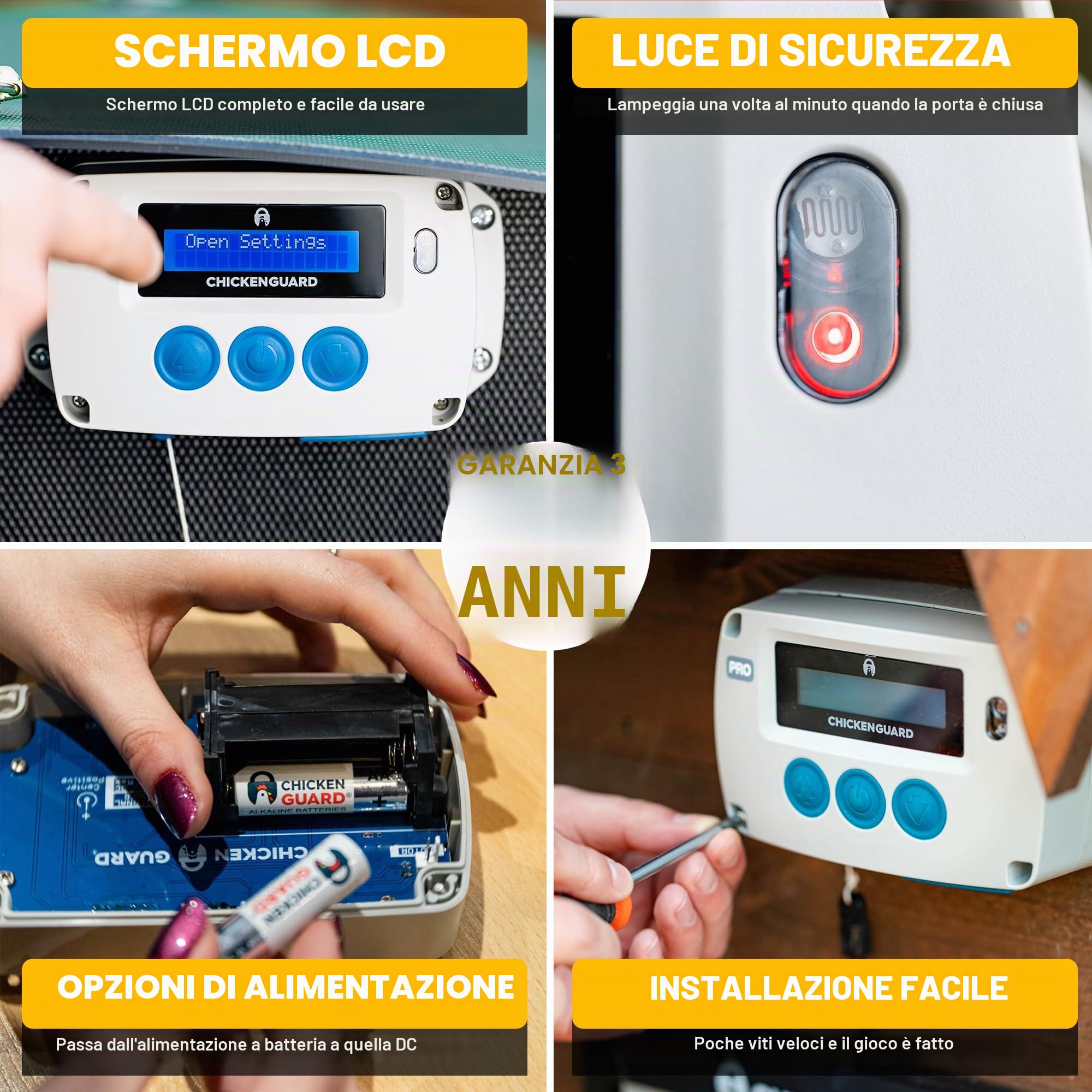 Apertura automatica della porta del pollaio ChickenGuard, alimentata da solare/batterie/elettrico. Timer/sensore di luce; solo unità motore o kit combinati. (PRO + Batterie)