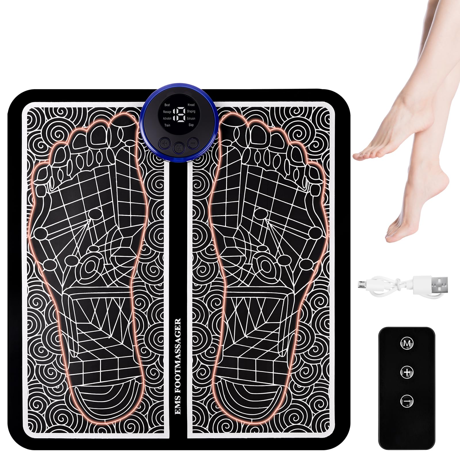OSDUE Massaggiatore per Piedi,EMS Massaggiatore Elettrico Pieghevole e Portatile con telecomando,8 Modalità e 19 Intensità,per la Circolazione Sanguigna e il Sollievo dal Dolore Muscolare