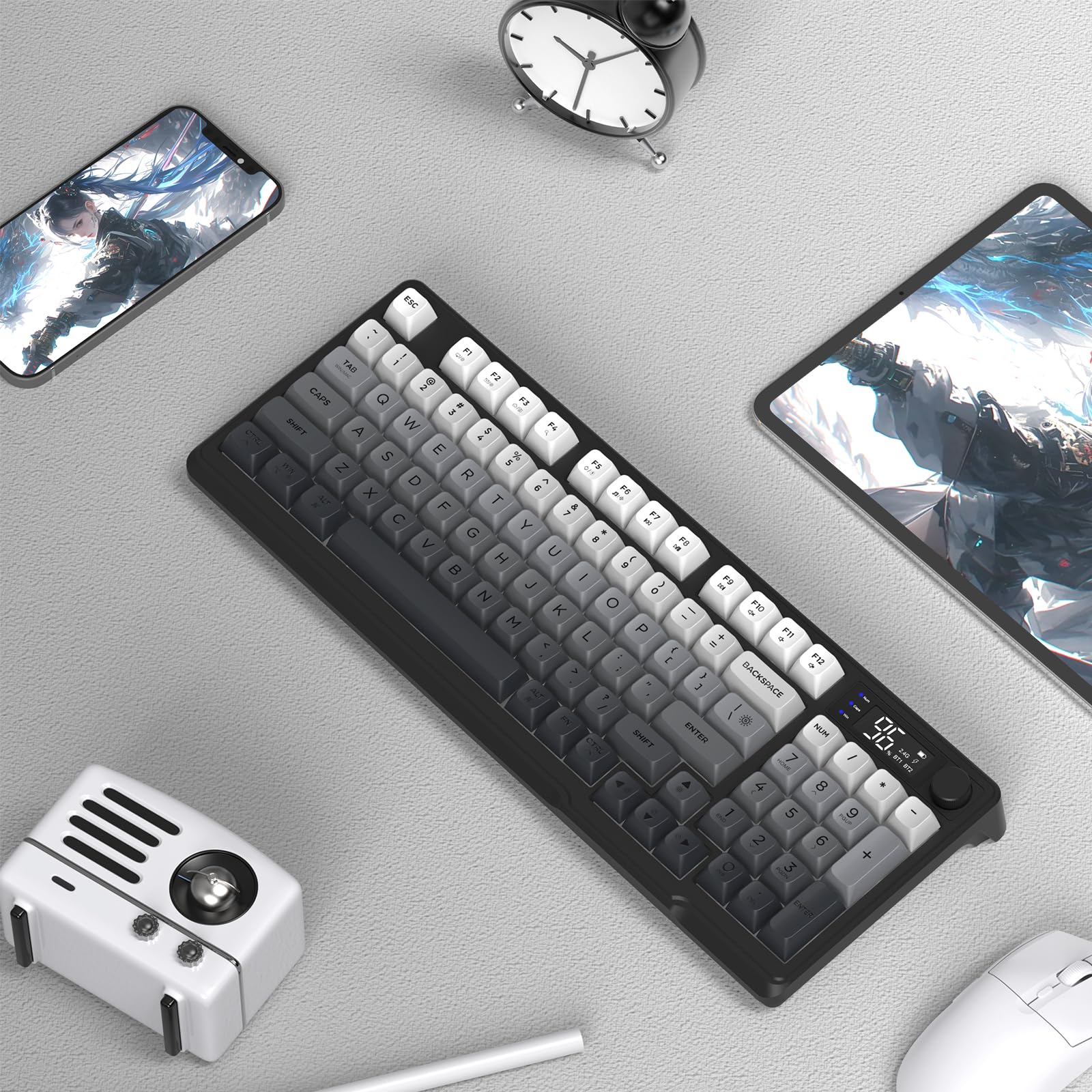 FREEWOLF M96 bezprzewodowa klawiatura membranowa do gier, sterowanie przyciskami Bluetooth/2,4 G bezprzewodowe, mechaniczne odczucia, podświetlenie LED, wyświetlacz, nasadka na klawisz PBT, 3000 mAh