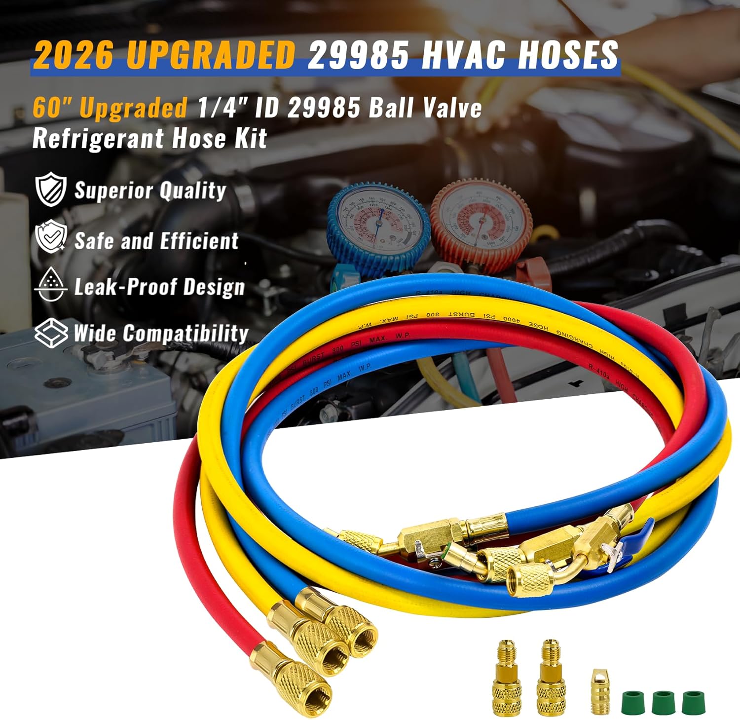 2026 New 29985 Plus II 1/4"HVAC Hoses, 60" (5FT), Custom Pressure Relief Groove, R-410A Conversion Adapter, Compact Ball Valve Refrigerant Hoses for R-22/R-410A/R-134A, 3 Pcs