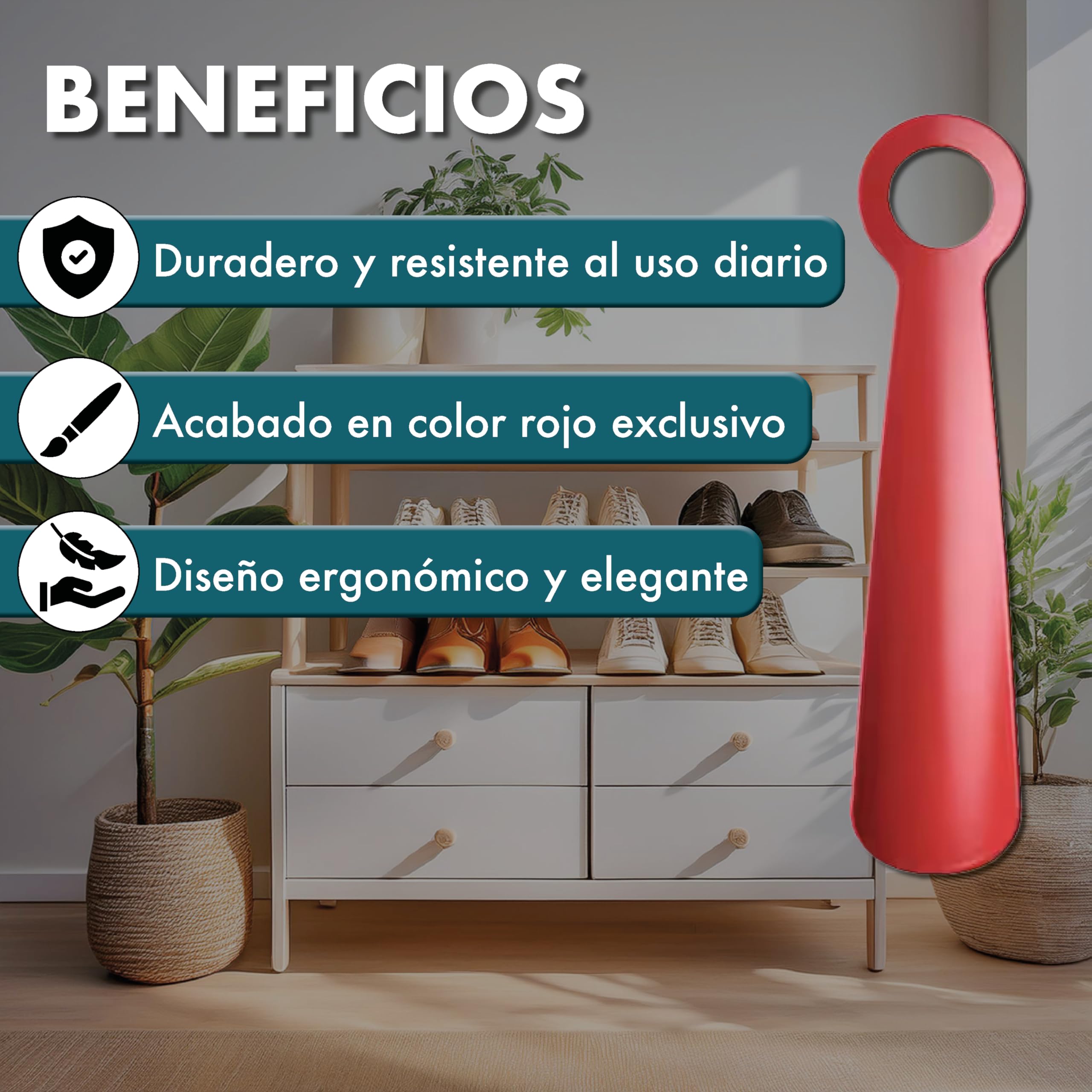 PIMEDA Calzador Metálico Rojo Ergonómico Antideslizante Resistente para Botas Zapatos Hombre Mujer