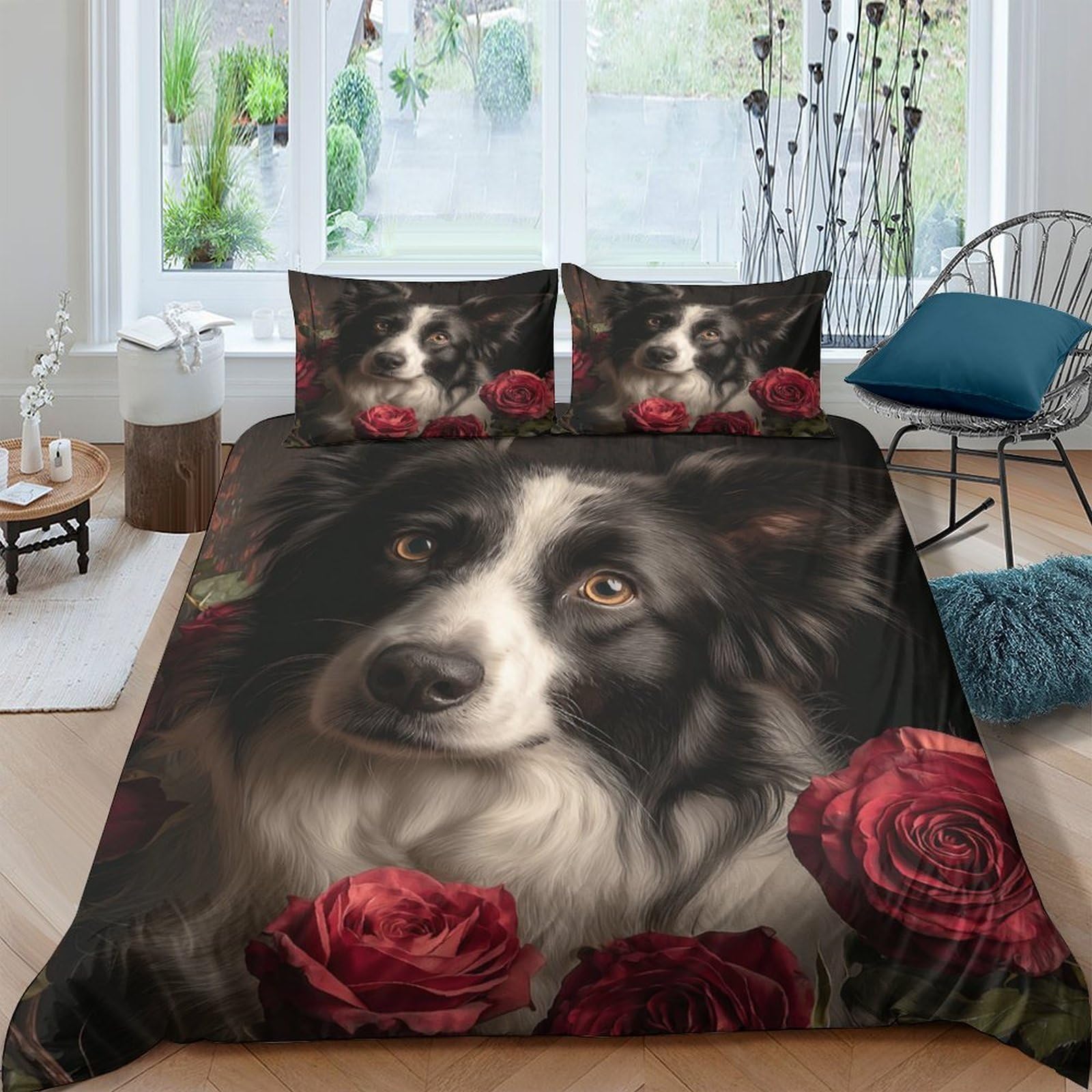 GPLZQXKJNH 3D Printed Border Collie Rose Duvet Cover Microfiber Soft Breathable Floral Quilt Cover Set with 2 Pillowcases for Bedroom Decor Single（135x200cm）