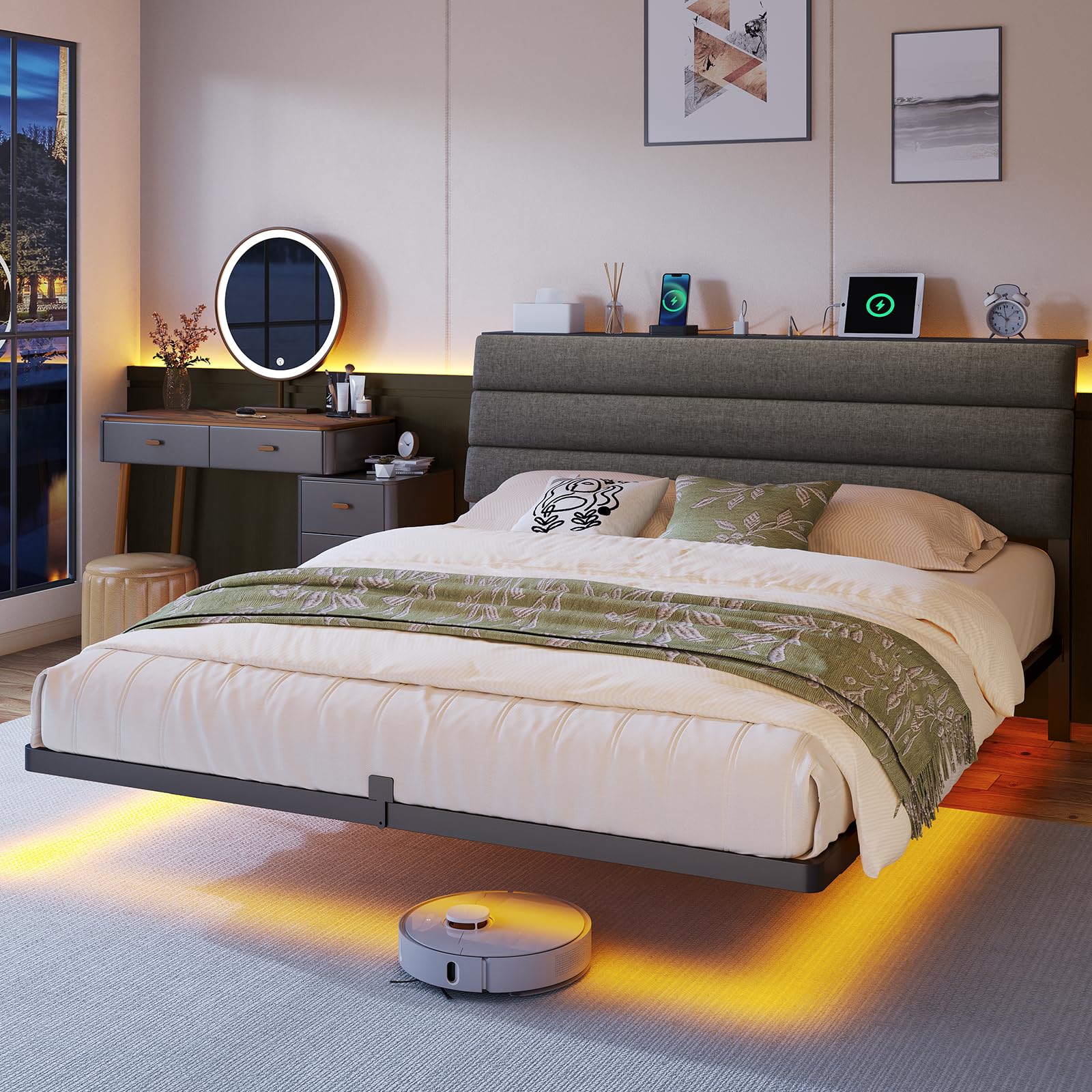 Letto Sospeso 160 x 200 cm con Luci LED, Testiera Contenitore con Stazione di Ricarica, Letto Piattaforma Imbottito con Struttura in Metallo Rinforzata, Grigio Scuro