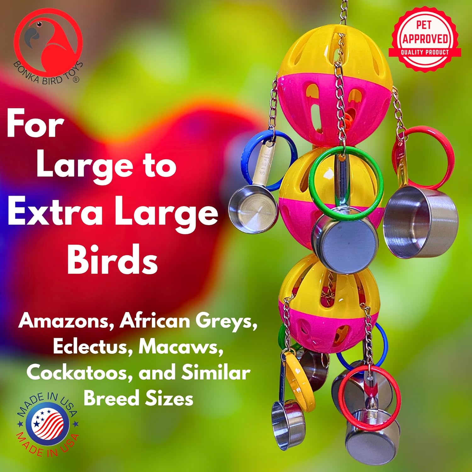 Bonka Bird Toys 1429 Huge Triple Tuff Pot 25" Tall x 8" Wide Plastic and Stainless Steel Foraging Toy for Large Parrots and Big Beak Birds Cage Activity Macaw Cockatoo Eclectus and Similar