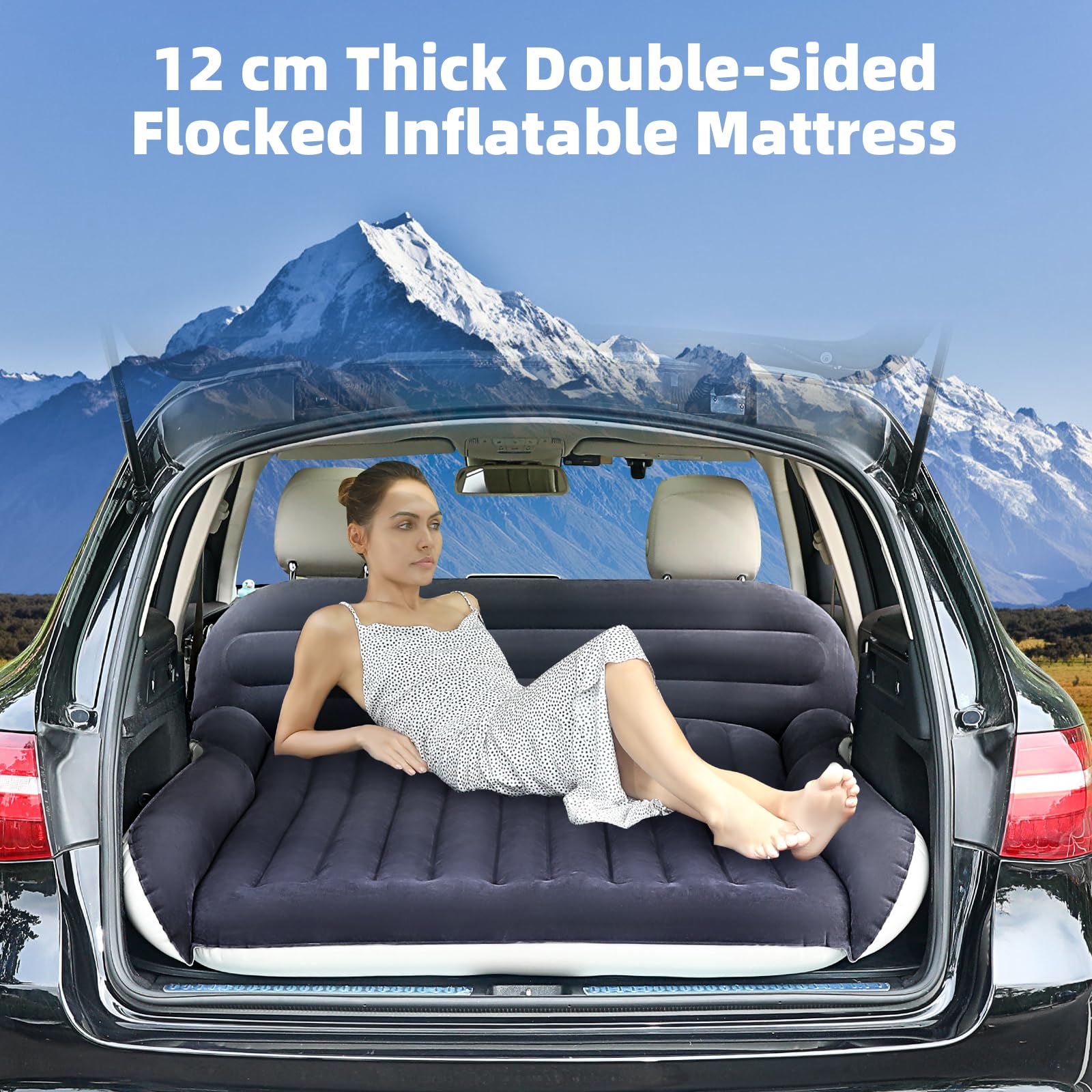 KMZ SUV Air Mattress with 2 Pillows – Thickened and Flocked Car Bed – Portable Travel Pad for Camping & Road Trips – Quick Inflate & Deflate with External Pump – Blue-Black and Cool Gray