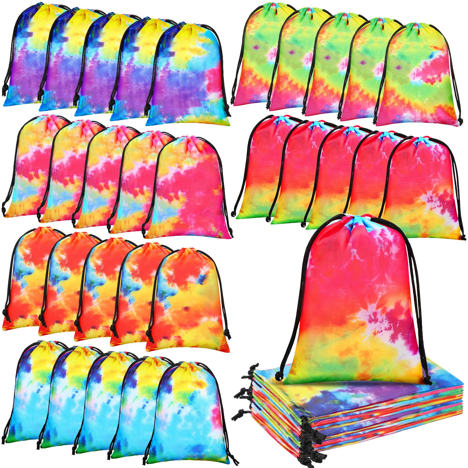 Zhengmy Tie Dye Party Favor Bags 10 x 7 Inch Candy Goodies Treat Bags Drawstring Colorful Birthday Gift for Tie Dye Supplies Beach Party(32 Pack,