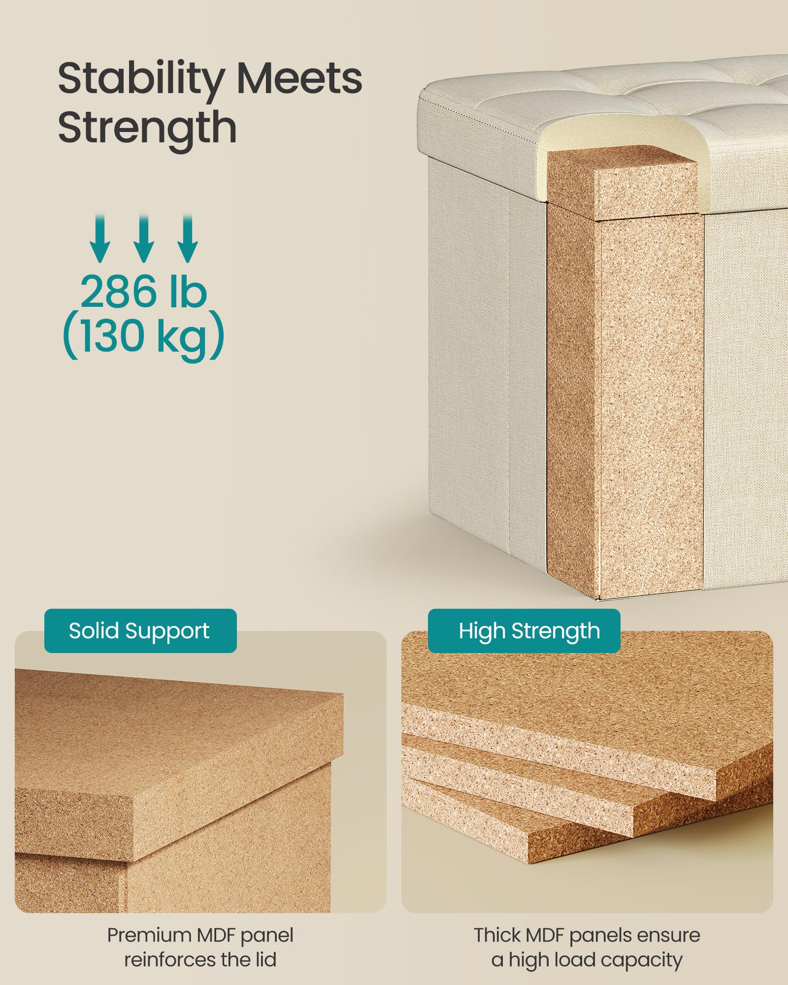SONGMICS Storage Ottoman, Foldable Small Ottoman Foot Rest, 30 x 30 cm Foot Stool, Ottoman with Storage, Load up to 130 kg - Image 4