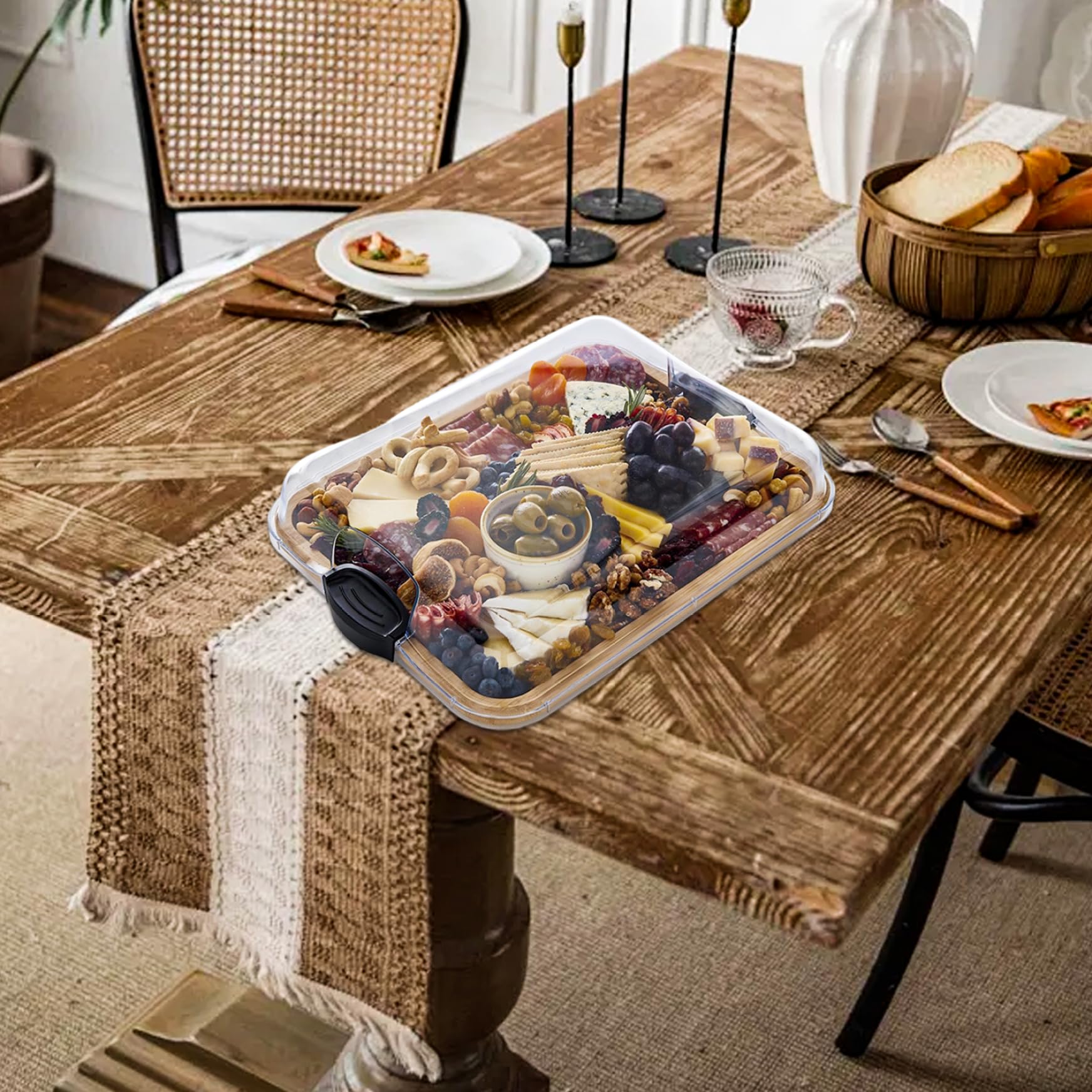 Tagliere in bambù 2 in 1 Tagliere reversibile per salumi con coperchio trasparente e manici neri per verdure, frutta, salumi, snack bambù Taglieri Charcute