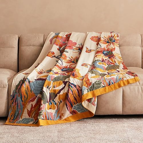 Miniatura 7 de Manta bohemia para cama, 100 % algodón, ultra suave, rústica, manta de cama con estampado floral, 80 x 90 pulgadas, para todas las estaciones, para