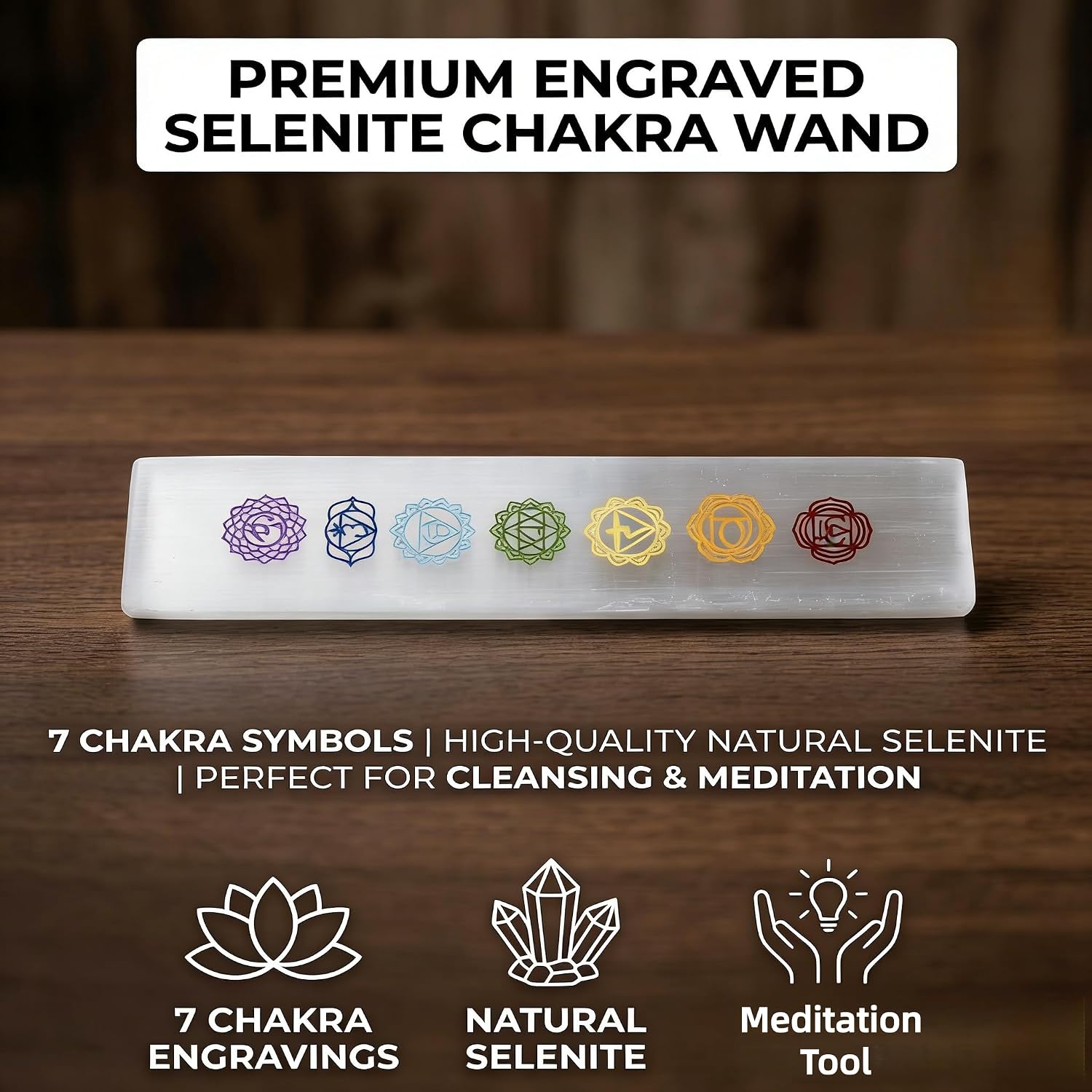 Selenite Charging Stick with 7 Chakra Symbols - Natural Crystal Wand for Energy Cleansing, Meditation, and Spiritual Home Decor - Polished Selenite Stone for Yoga and Mindfulness Practice Gift