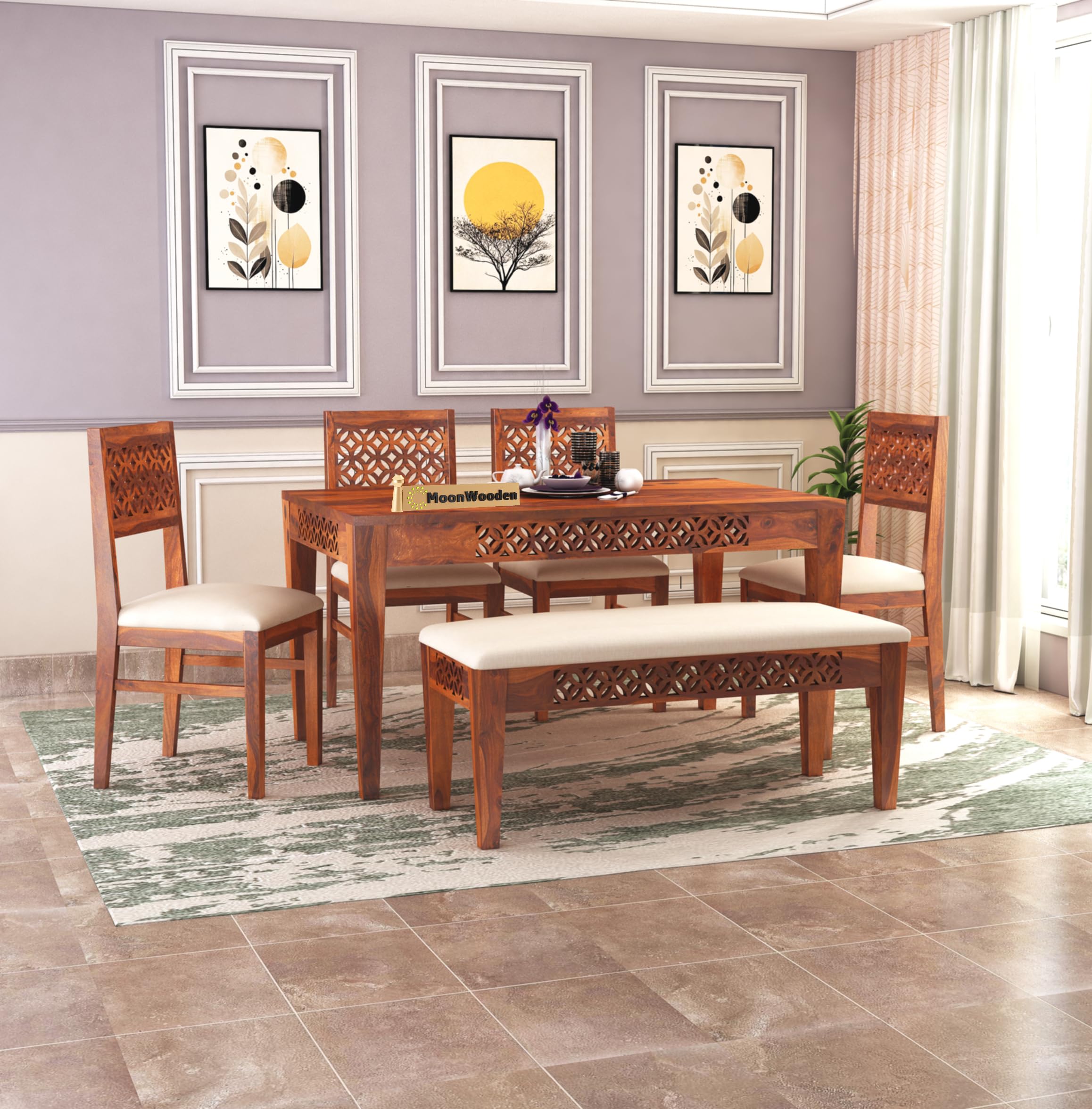 MoonWooden Sheesham Wood 6 Seater Dining Table with Cushioned 4 Chairs and 1 Bench for Home Dining Room Kitchen Hotel Solid Wooden CNC Design Table (Honey-Beige Finish) (B0CYX88CCX) Amazon Price History, Amazon Price Tracker