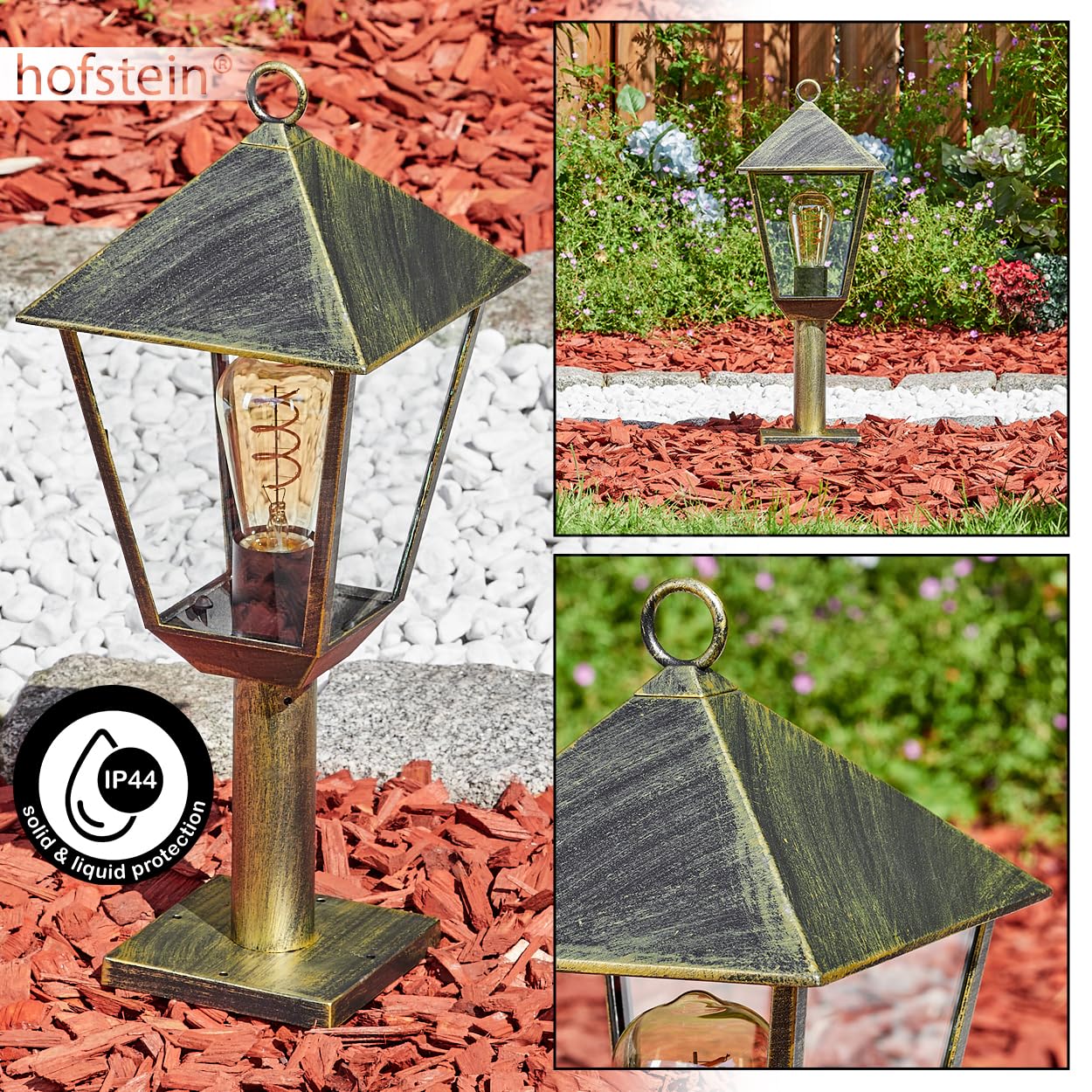 HOFSTEIN Lampa zewnętrzna Anfei, lampa cokołowa z metalu/szkła w kolorze brązowo-złotym/przezroczystym, oświetlenie ścieżki o antycznym wyglądzie, wysokość 50 cm, oświetlenie ogrodowe IP44, 1 x E27,