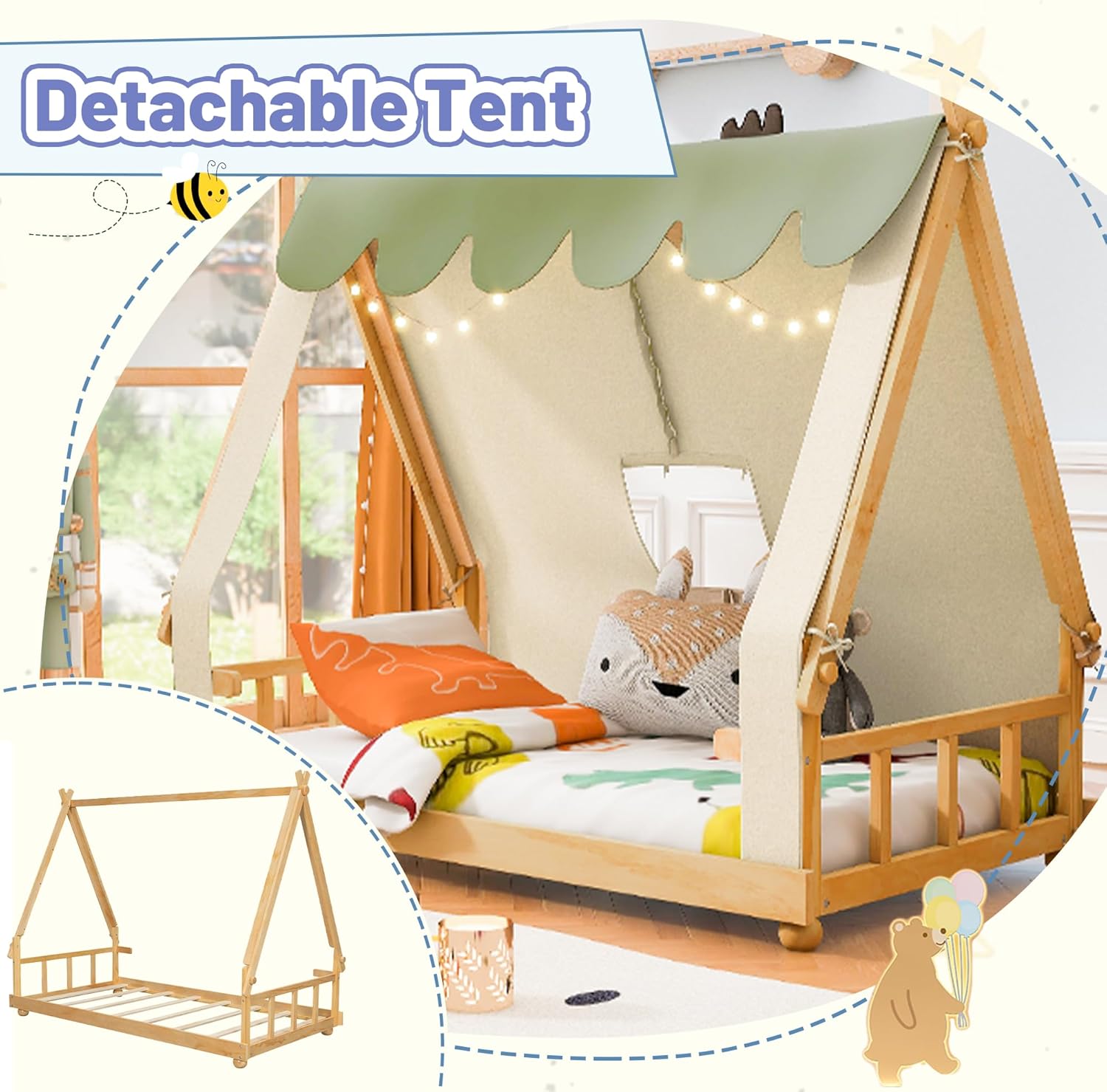 Twin Size Floor Bed with Tent and Light, Wooden Montessori Bed Frame with Roof Design, Low Profile Beds for Kids, Boys and Girls, White