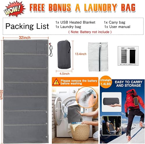 Miniatura 6 de Manta térmica USB a pilas  Manta eléctrica portátil recargable inalámbrica para acampar al aire libre (gris)