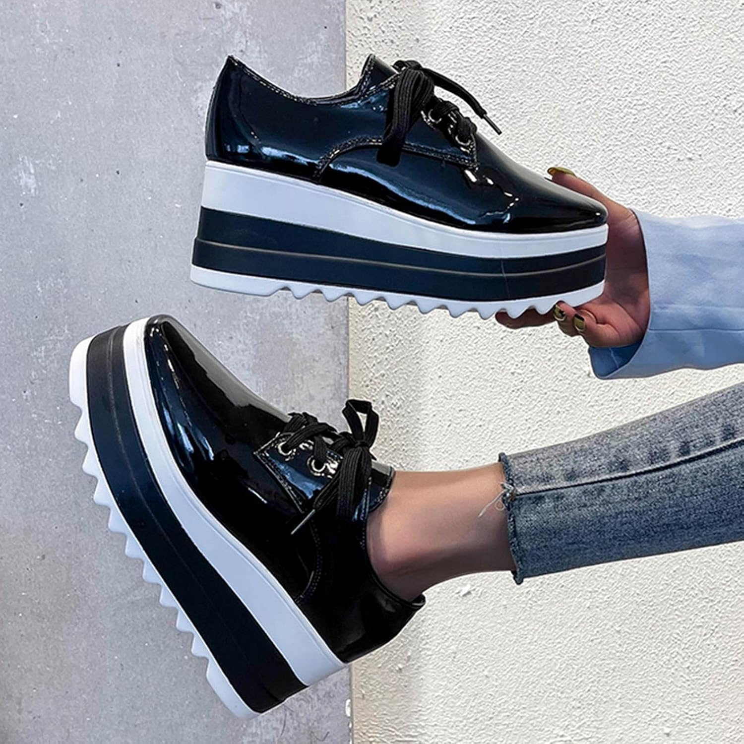 Hbeylia Platform Fashion Sneakers For Women Girls Casual Vintage Lace Up Chunky High Heels Low Top Slip On Flats Walking Shoes British Style Dress Oxfords Slip-On Loafers Fall Dressy Shoes For Ladies - Image 2