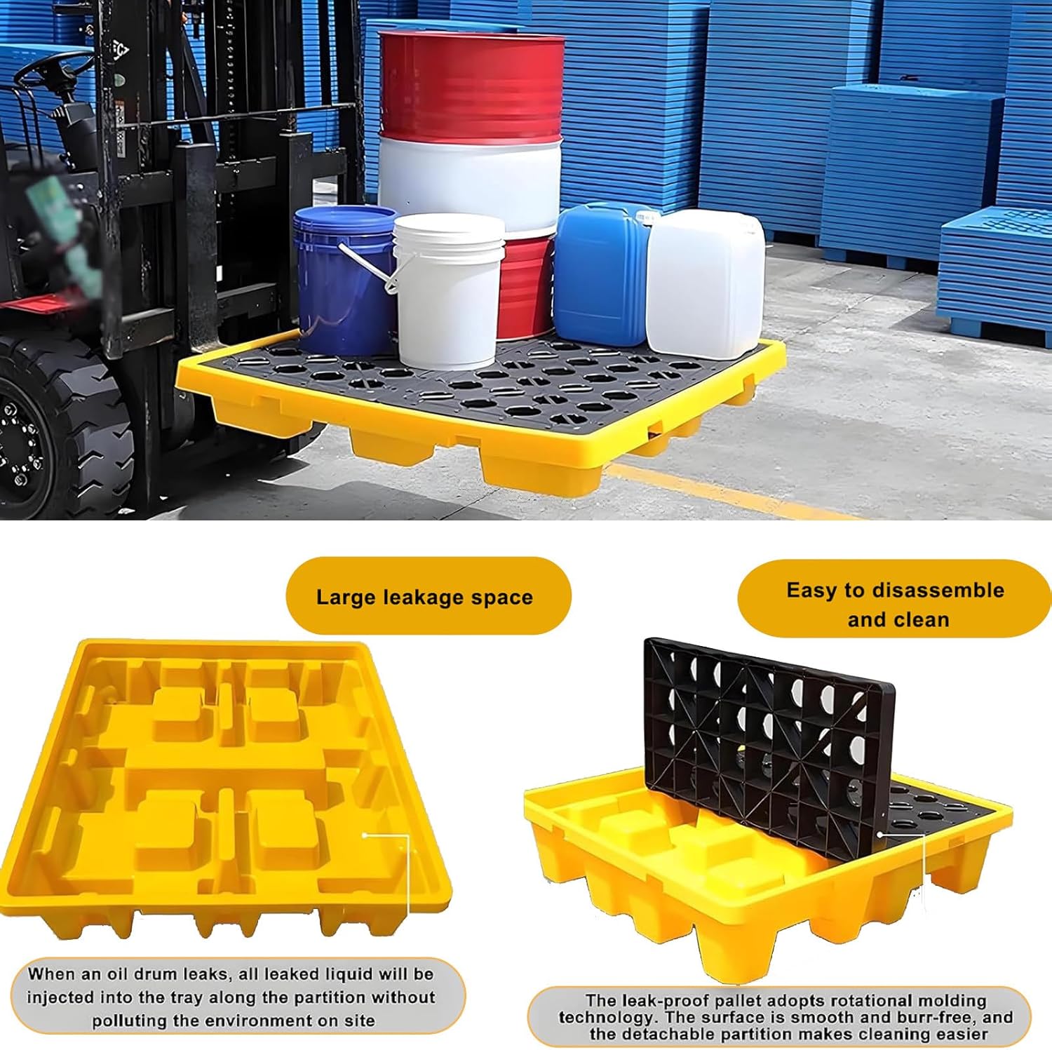 Modular Spill Containment Pallet,Modular Spill Platform Heavy-Duty Forklift Spill Tray,Plastic Tray Container,Warehouses Factory Oil Drums Spill Pallet,for Oil Tanks & Liquids 49 * 35 * 9cm