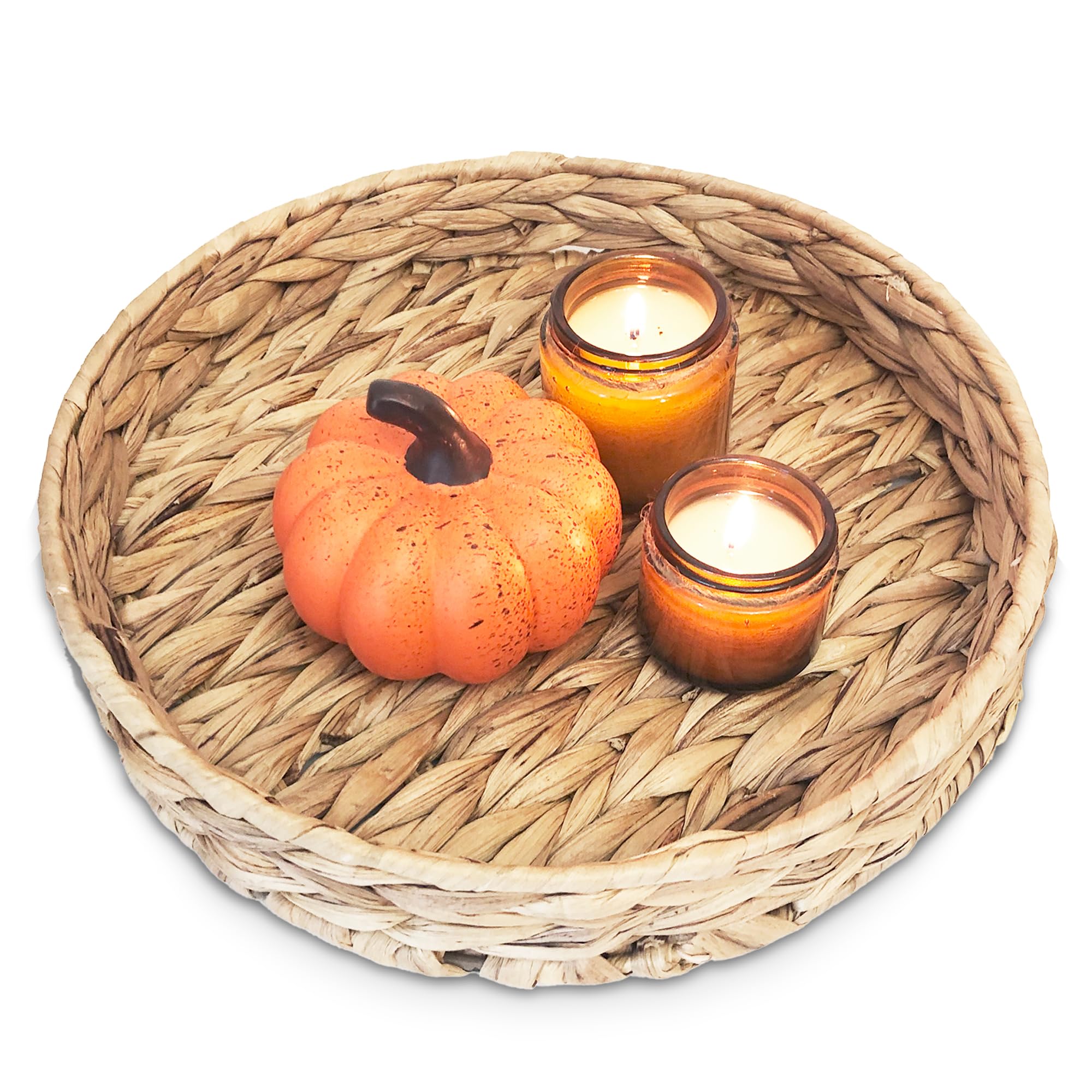 Coffee Table Tray 11.81" Round Tray for Ottoman Wicker Serving Tray Woven Decorative Tray for Kitchen Bathroom House Fruit Wicker Tray Water Hyacinth Seagrass Ottoman Tray MARELLE HOME