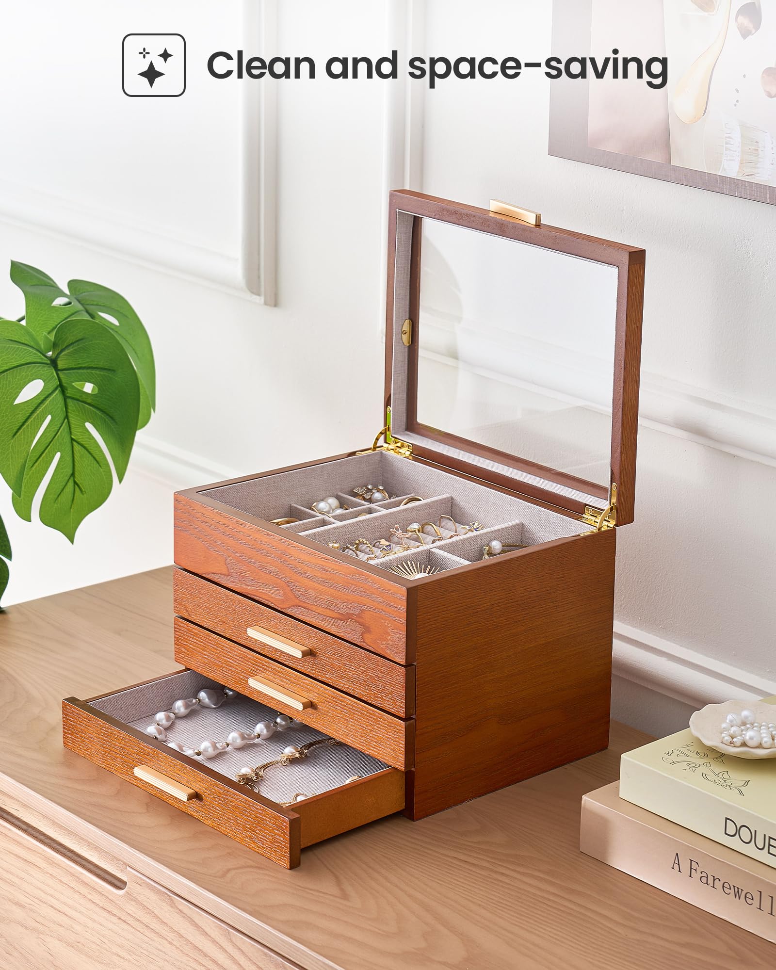 Lolalet Joyero de Madera, Cofre Organizador con Ventana Transparente, Caja para Collares, Pulseras, Pendientes y Anillos -Caja Elegante para Regalo y Almacenamiento– Cereza, 4 Capas