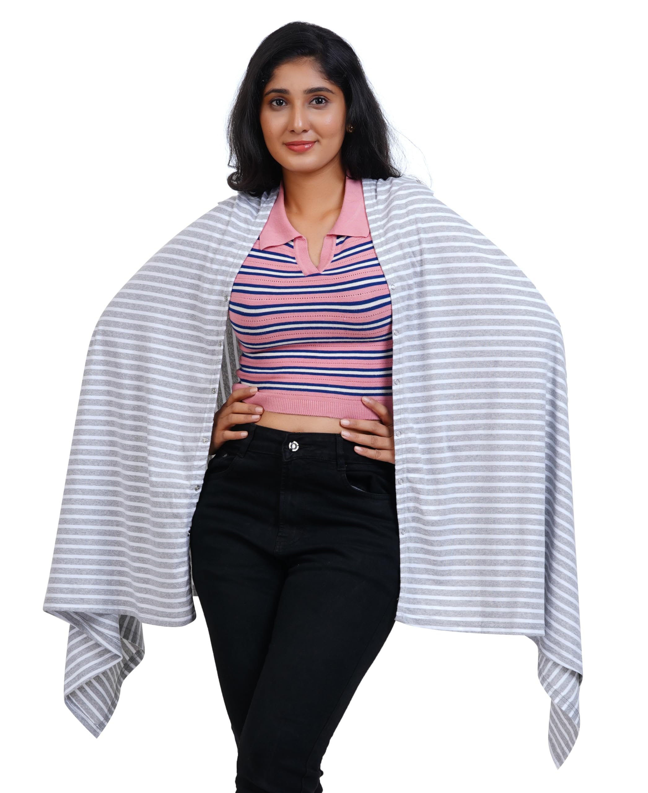 Kowsi Soft Mother's Nursing & Feeding Shawl Feeding Cloak (Stripes) (Grey Melange) - Image 7 thumbnail