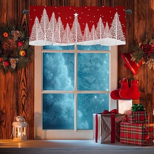 Miniatura 7 de Cortinas de Navidad de invierno para ventanas de cocina, 54 x 18 pulgadas, diseño de copo de nieve de árbol rojo, cenefa decorativa con bolsillo