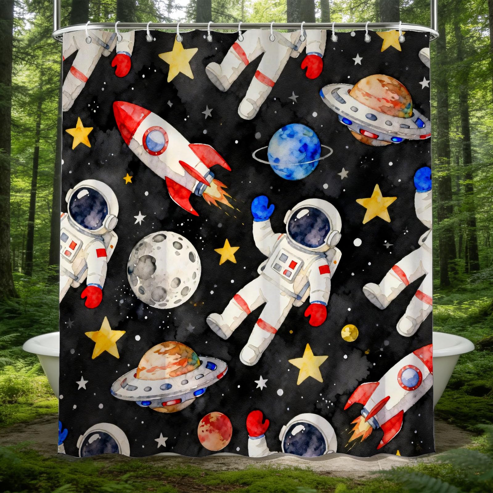 Hongduo 3D Astronaut Shower Curtain for Stalls Bathtubs Cartoon Bathroom Decor Shower Curtain Set Polyester Fabric Waterproof 200x200cm/79X79 Inch with Hooks