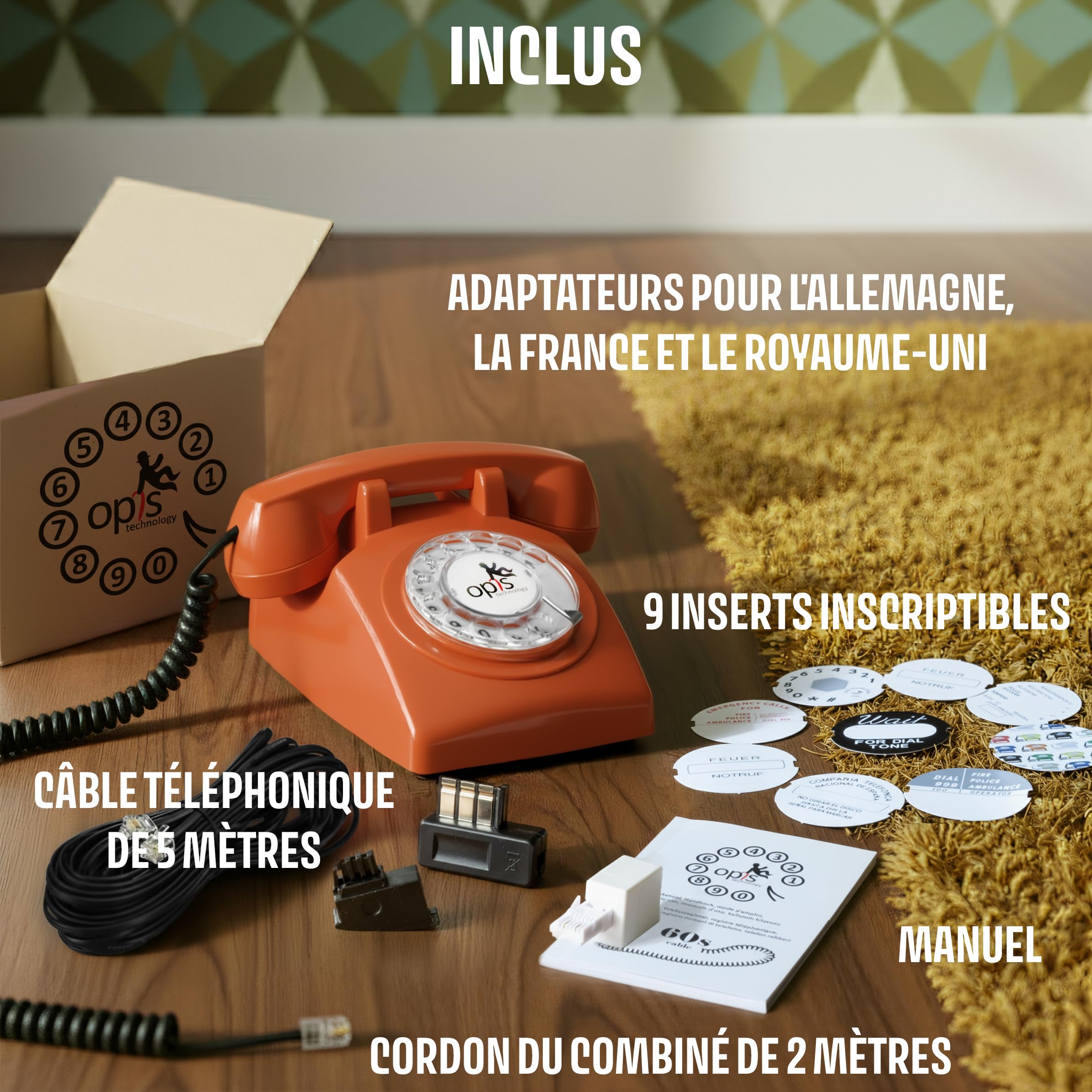 Opis Technology 60s Cable – Téléphone Fixe Vintage à Cadran Rotatif & Cloche Mécanique – Compatible Plupart des Box & Fibre – Design Rétro Années 60 – Orange
