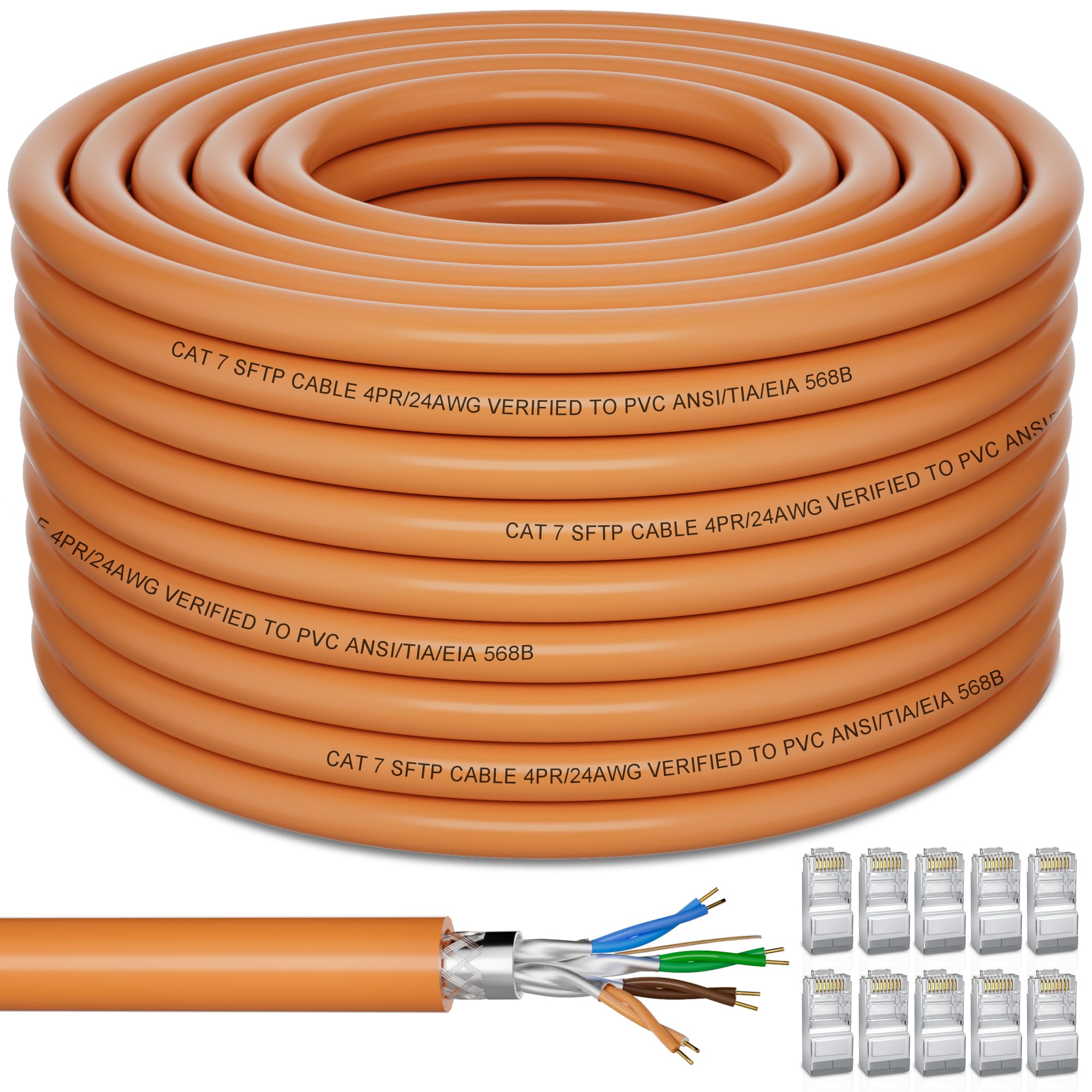 Soibke Cable Ethernet 60 Metros, Cat 7 Cable de Red Alta Velocidad Bobina 60m Exterior Interior SFTP Blindado Bulk Instalación 24AWG Wlan LAN Internet Network Cable