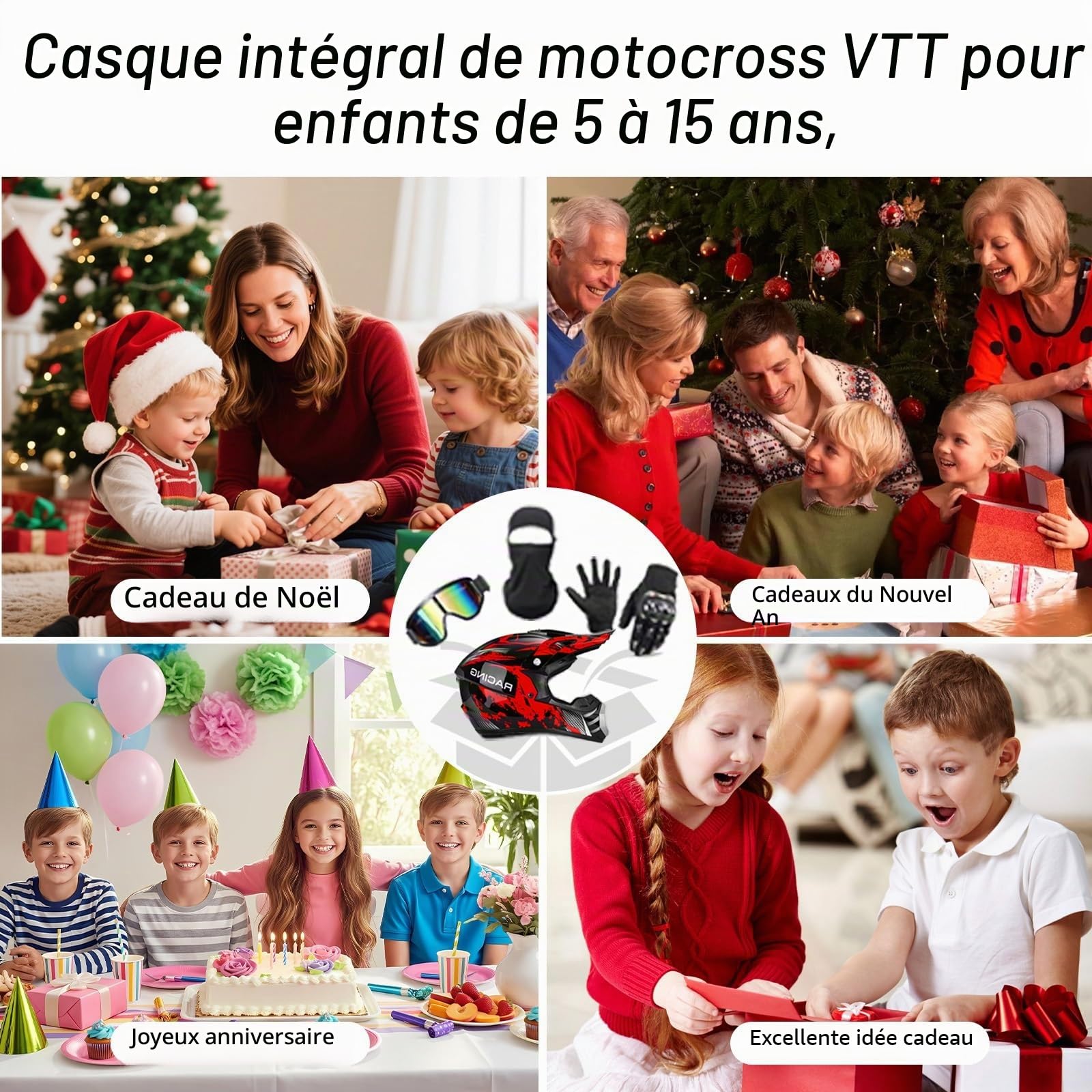 Casque Moto Enfant, Casque De Cross pour Jeunesse Casques De Moto, Casque Cycliste pour Enfants,Garçon Et Fille Scooter De Ski VTT Casque, avec Gants Lunettes Masques