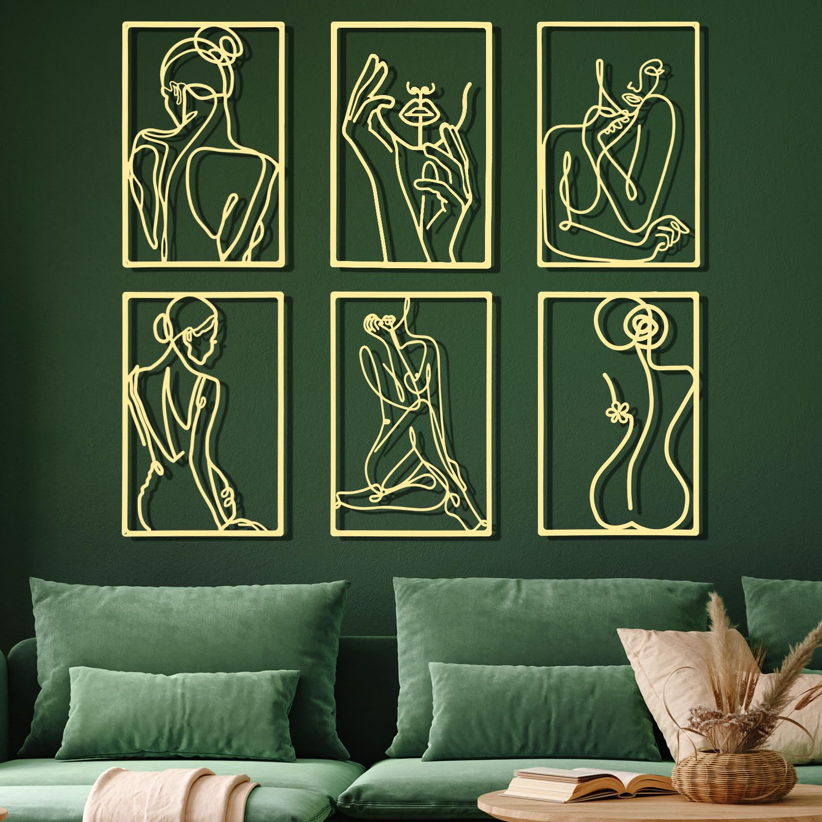(incomplete ) indeer 6 Pcs Metal Wall Decor Metal Abstract Woman Wall Art Modern Decor Aesthetic Hanging Art Large Single Line Wall Sculpture for Home Bedroom Living Room (Gold)