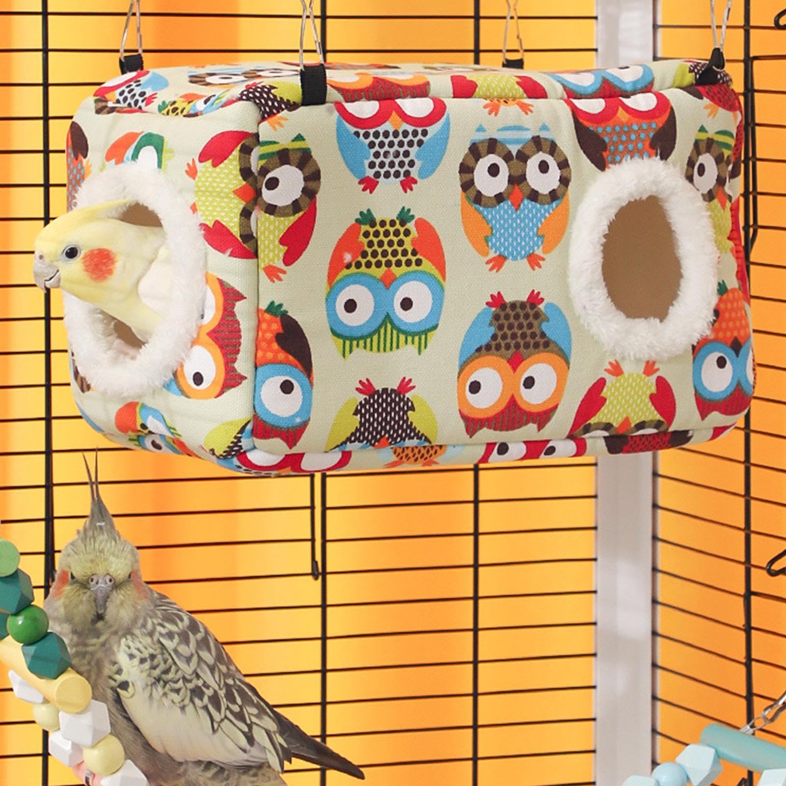 Nido para Pájaros Cama Colgante Juguete Refugio Cálido con Doble Apertura Material de Lona Relleno de Algodón Apto para Loros Hámster Cobaya Chinchill