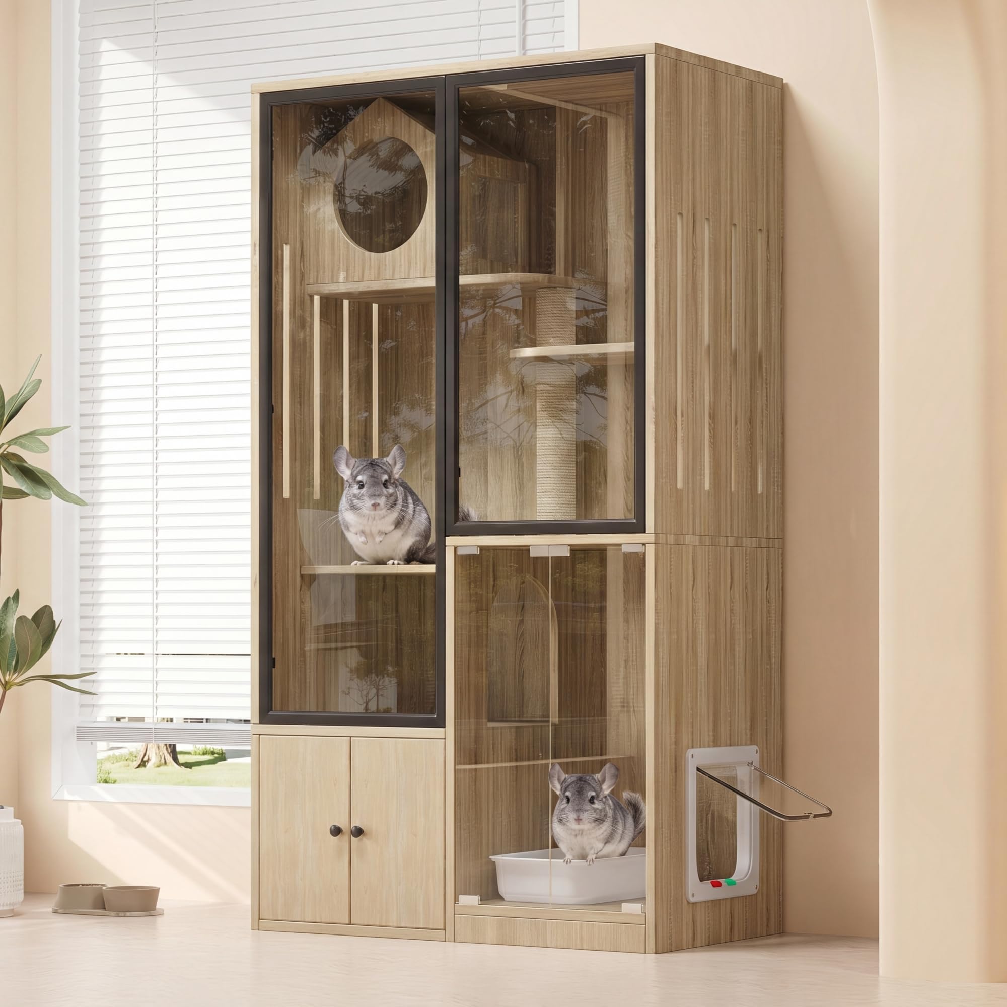 Jaula grande para gatos de 90 x 50 x 160 cm, 4 pisos con frontal de cristal, casa para gatos resistente al invierno y casa para animales pequeños, incluye postes rascadores, para interior y exterior