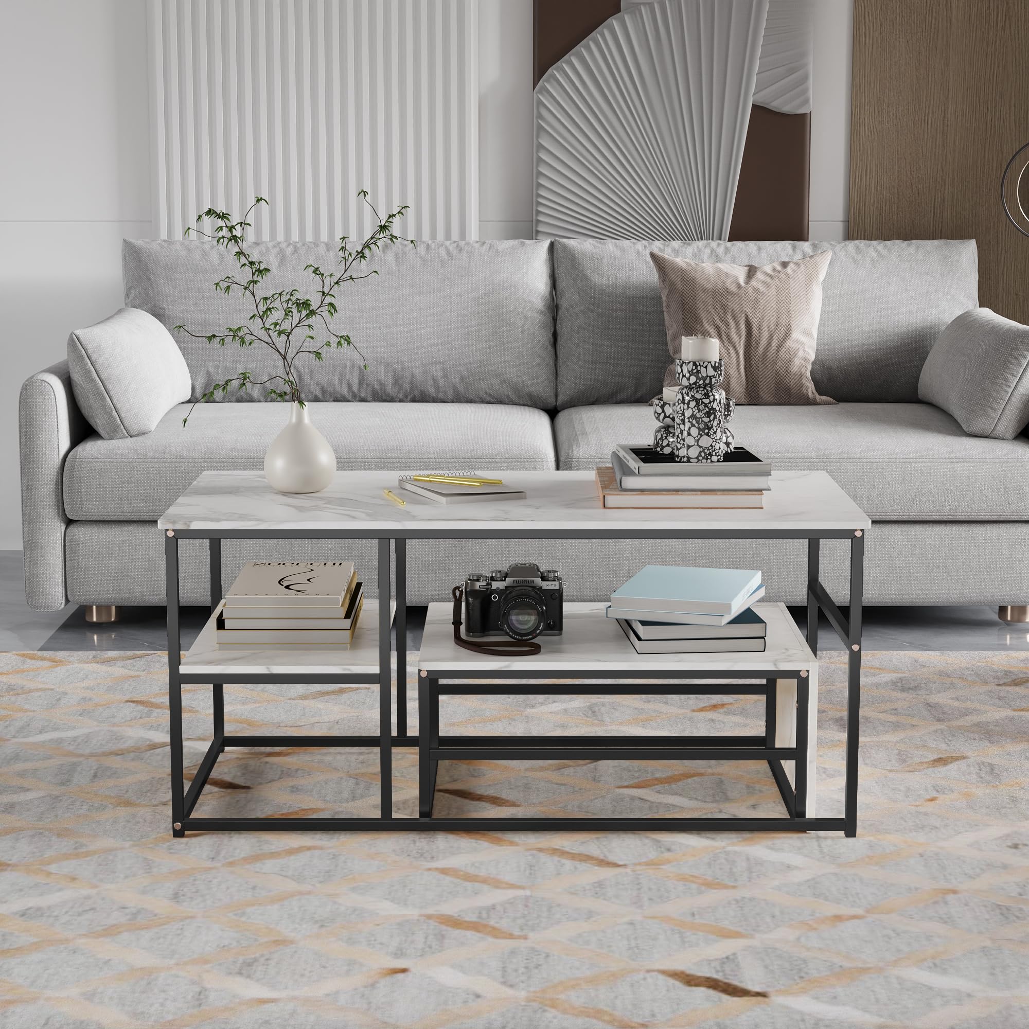 Set di 2 tavolini rettangolari, effetto marmo, con telaio in metallo, per soggiorno, soggiorno, soggiorno, balcone, ufficio, nero, 105 x 52 x 48,5 cm
