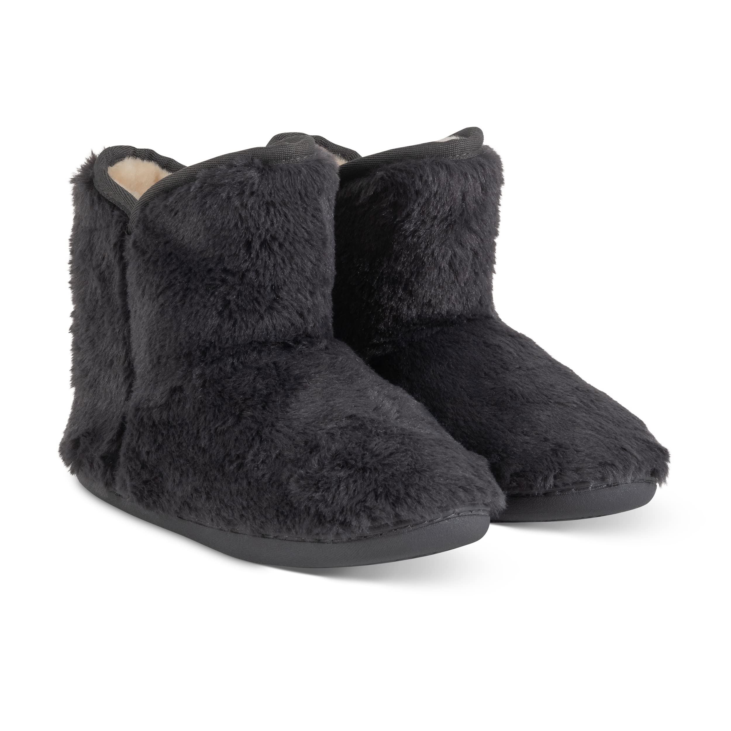 Polar Womens Memory Foam Indoor Faux Fur Fleece Bootie Rubber Sole Comfort Outdoor Anti Slip Durable Slippers - Black Fur - AYC0863 - EU39/UK6