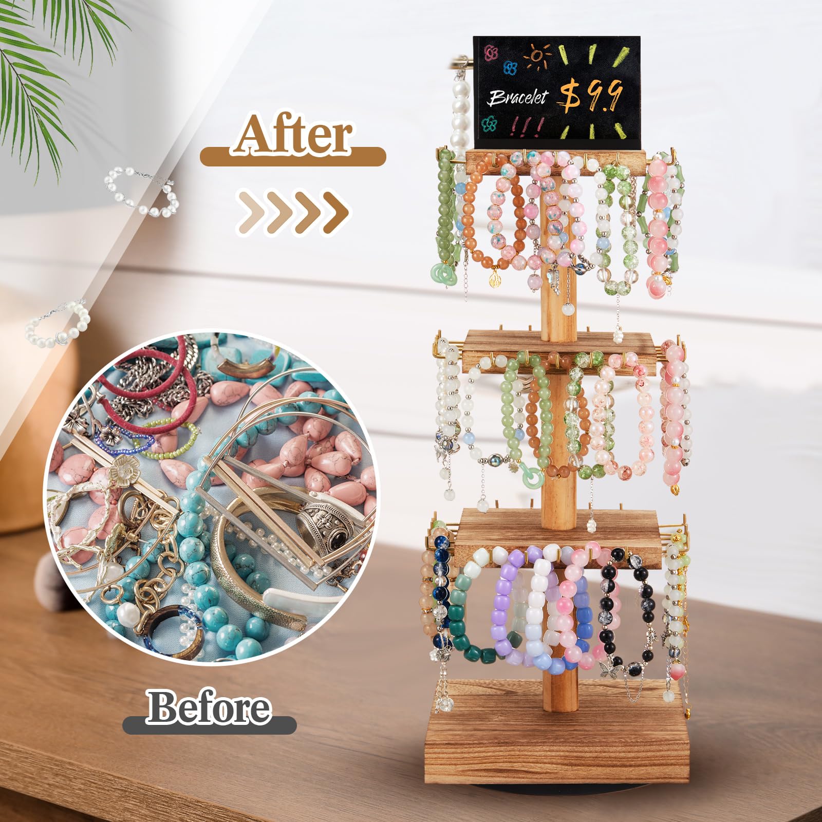 Yalikop Armbandständer aus Holz, 3 Etagen, 360° drehbar, Schmuck-Baumständer mit Werbetafel-Haken für Verkäufer (natürliche Farbe, quadratisch), 2 Stück